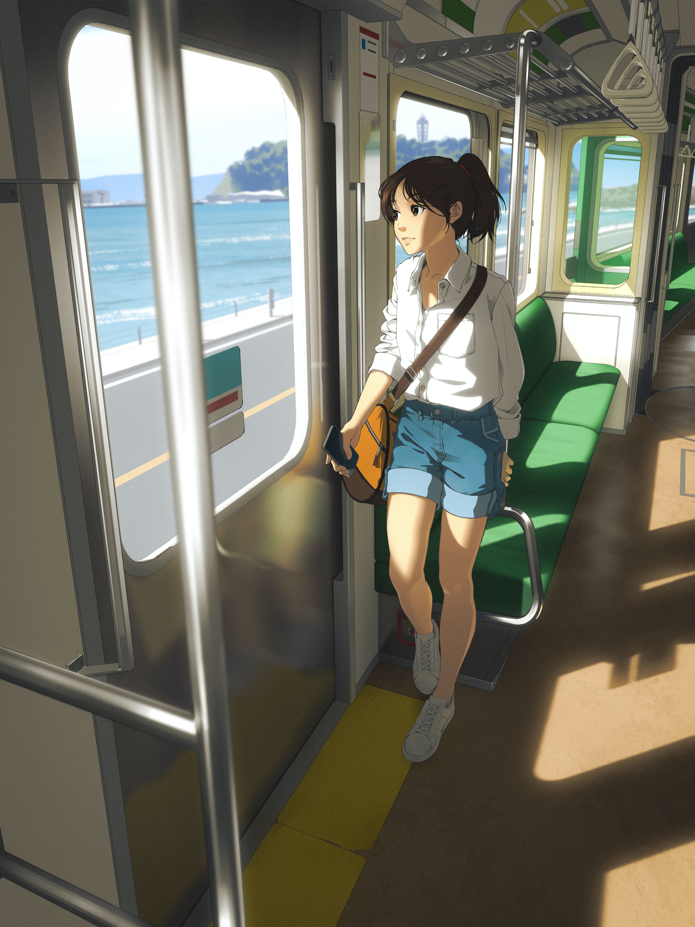 Bysau Digital Art Artwork Illustration Women Train Sea Sunlight Vertical Interior Ponytail Phone Ani 2250x3000