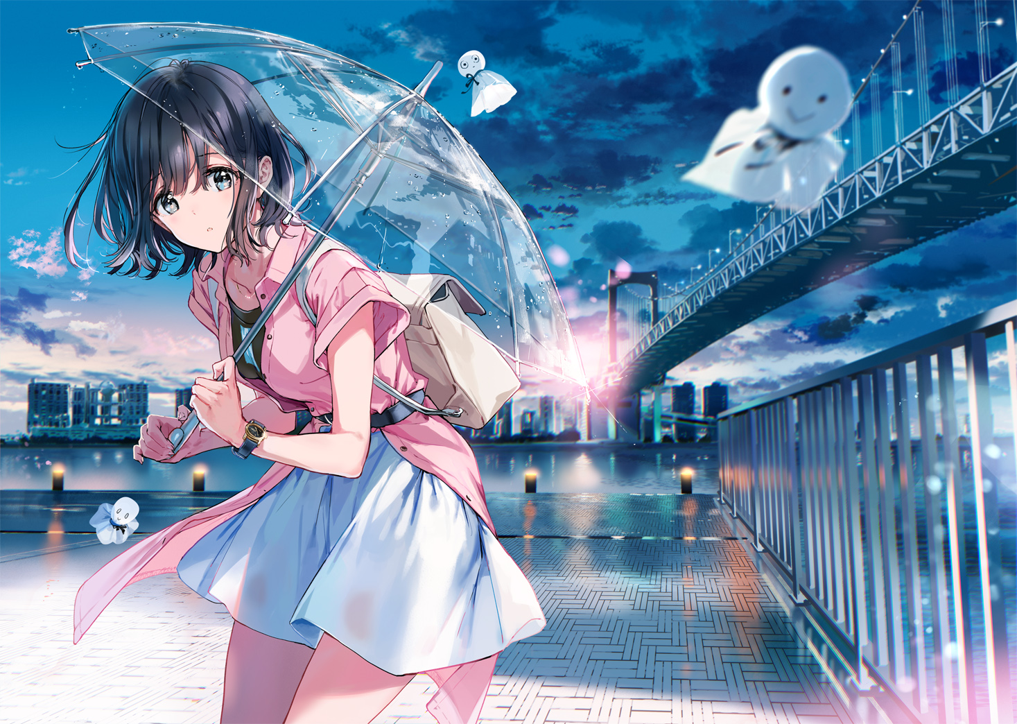 Anime Girls Umbrella Teru Teru Bozu Bridge Sky Clouds Short Hair Looking At Viewer Watch City Backpa 1467x1044