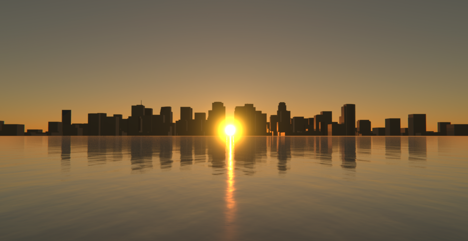 City Skyscraper Sea Building Town Architecture Reflection Water Golden Hour Sketchup V Ray CGi Sunse 1920x991
