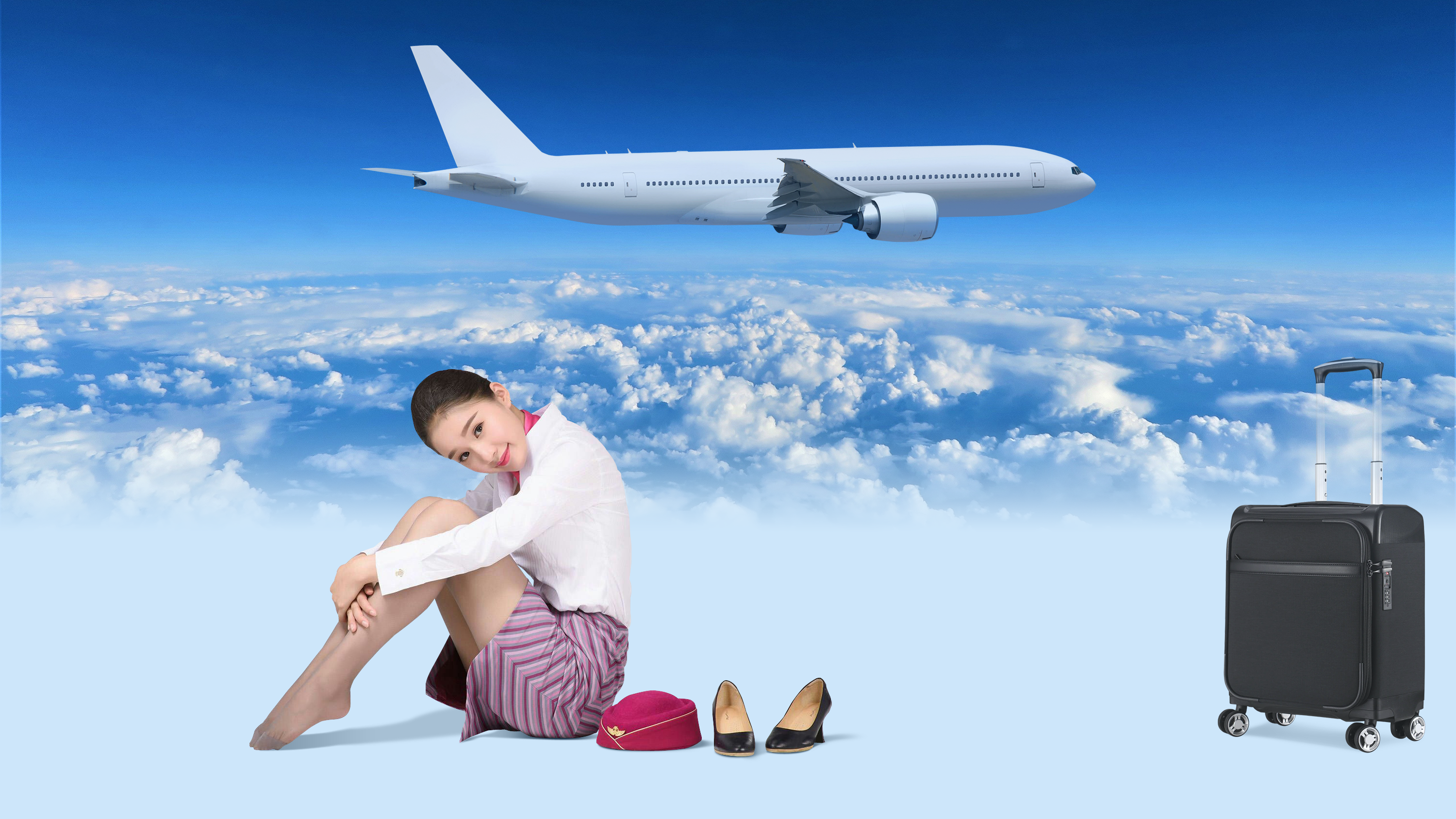 Flight Attendant Reinforced Toe Airplane Asian Aircraft Sky Clouds Looking At Viewer Smiling Women 3000x1688
