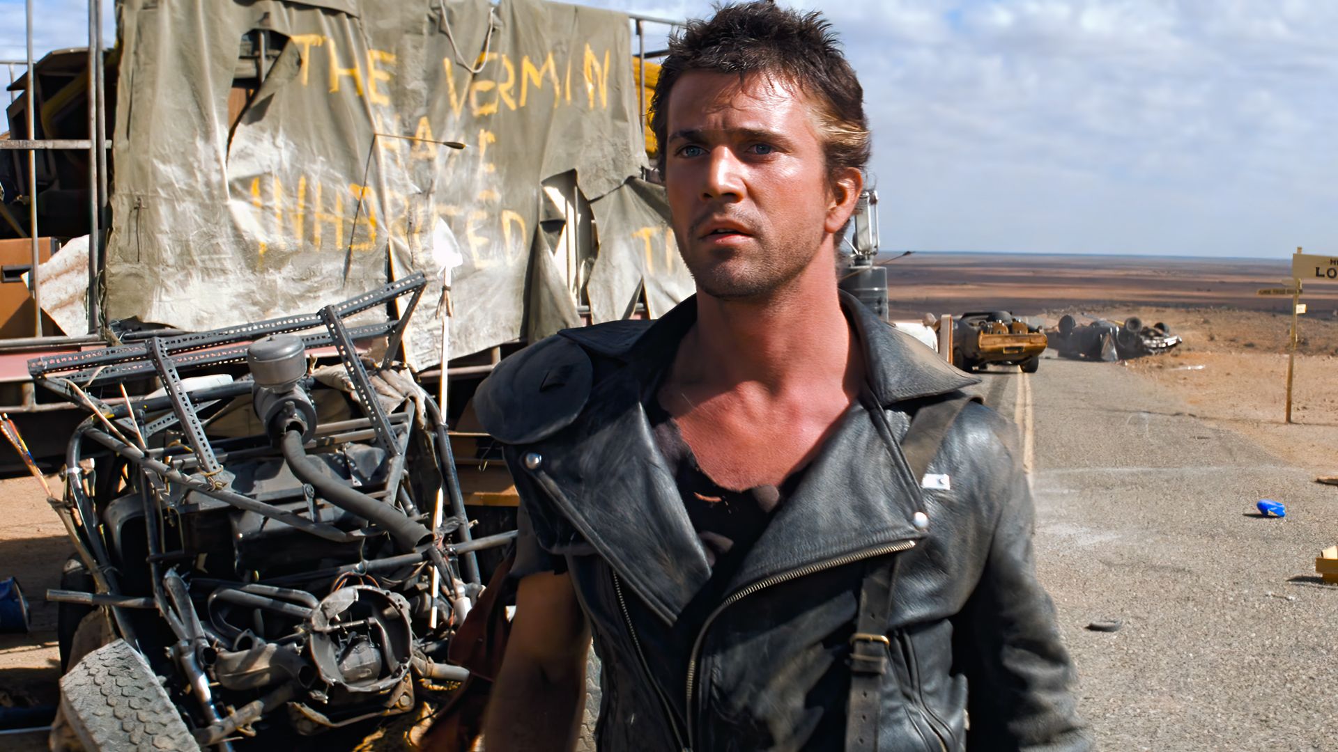 Mad Max The Road Warrior Movies Film Stills Road Mel Gibson Actor Apocalyptic Men Car Leather Jacket 1920x1080
