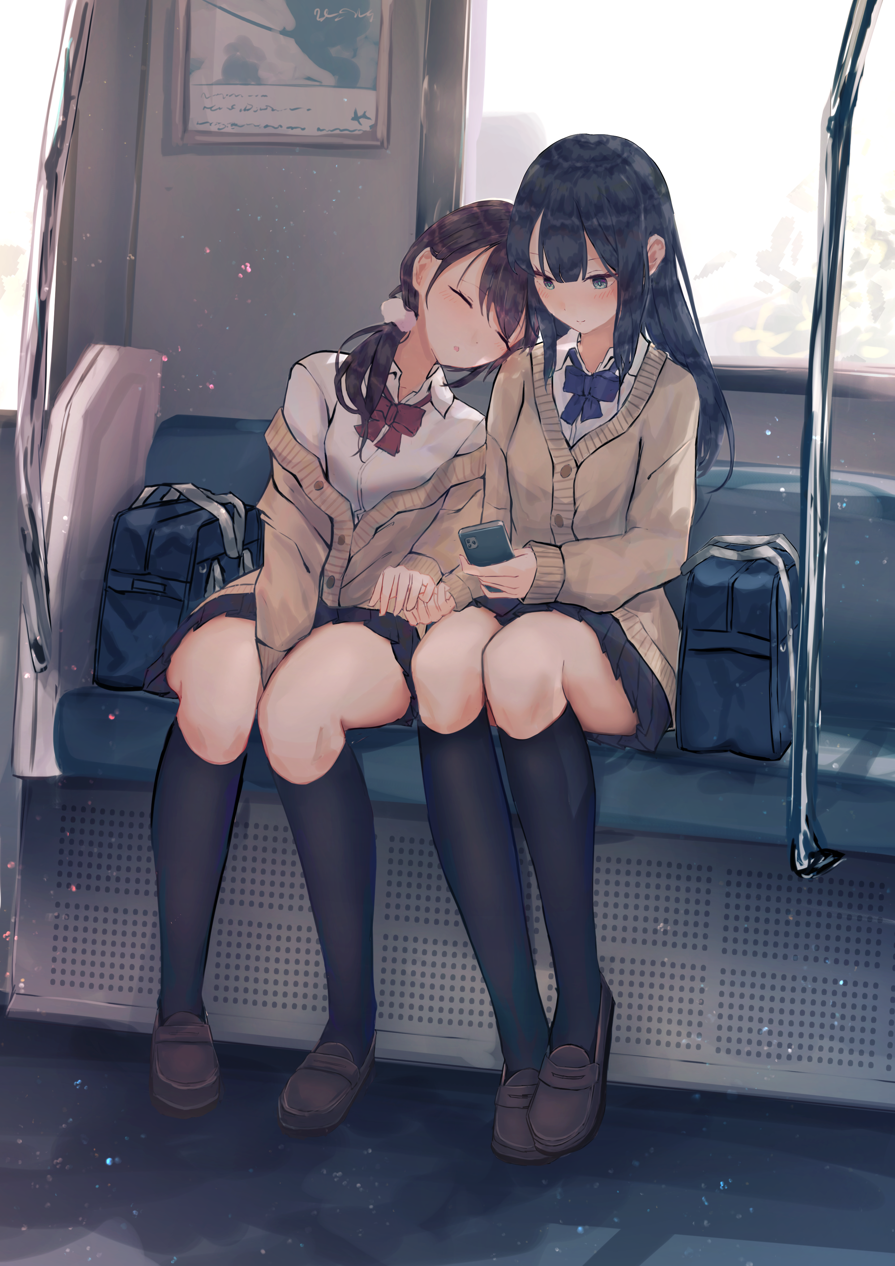 Anime Girls Schoolgirl Sleeping Smartphone School Uniform Sitting Portrait Display Closed Eyes Bow T 2894x4093