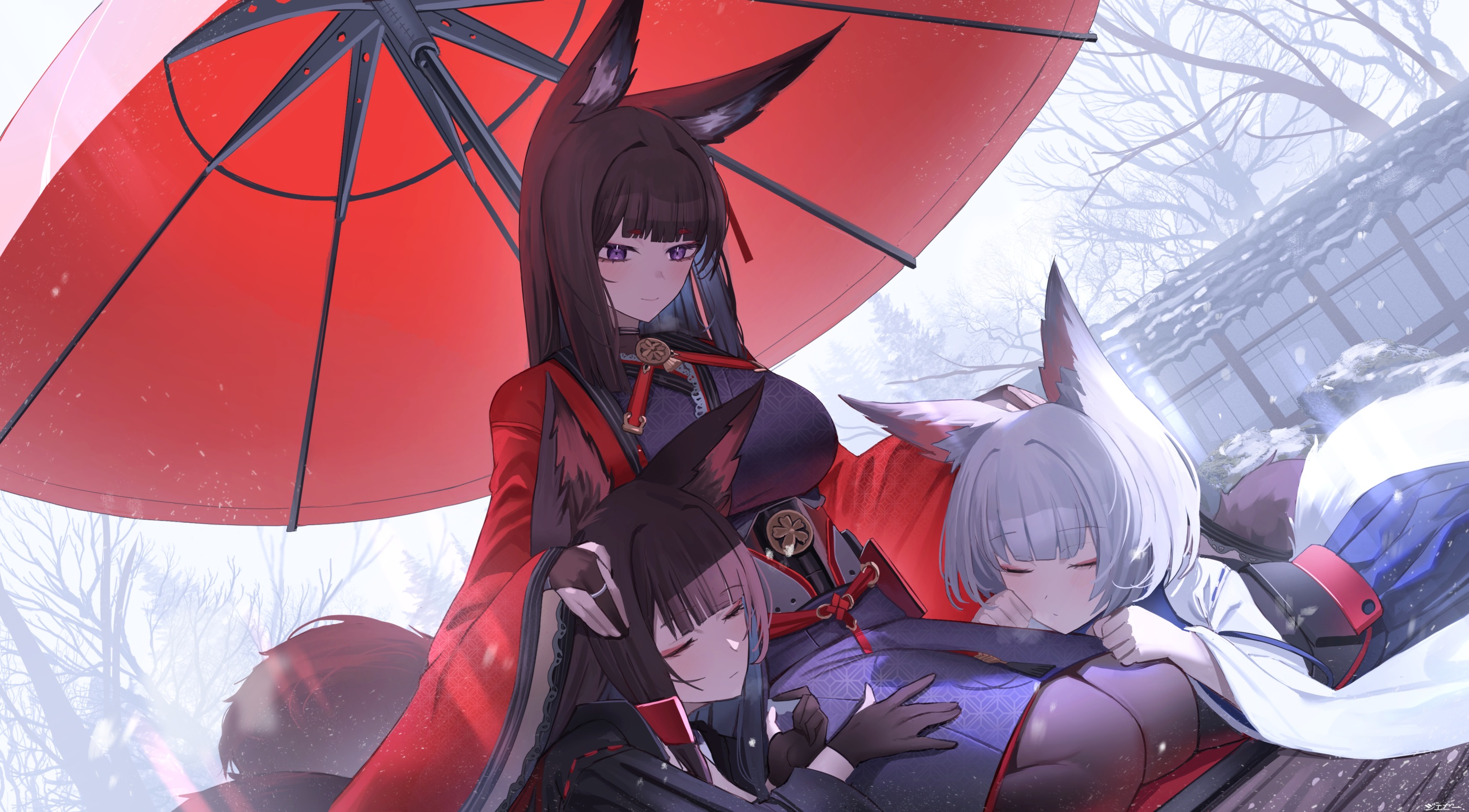 Anime Anime Girls Umbrella Fox Girl Fox Ears Fox Tail Gloves Closed Eyes Sleeping Snow Trees Azur La 2800x1548