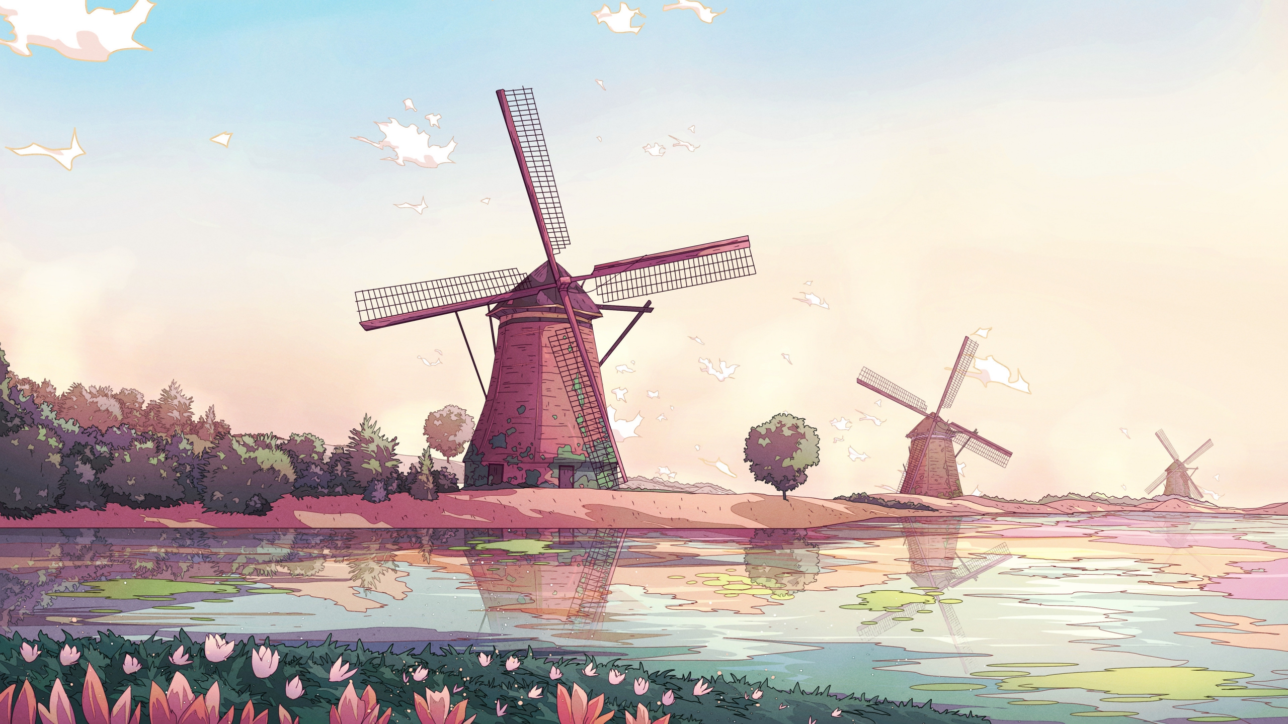 Windmill Flowers Water Sky Trees Reflection Clouds Nature 2560x1440