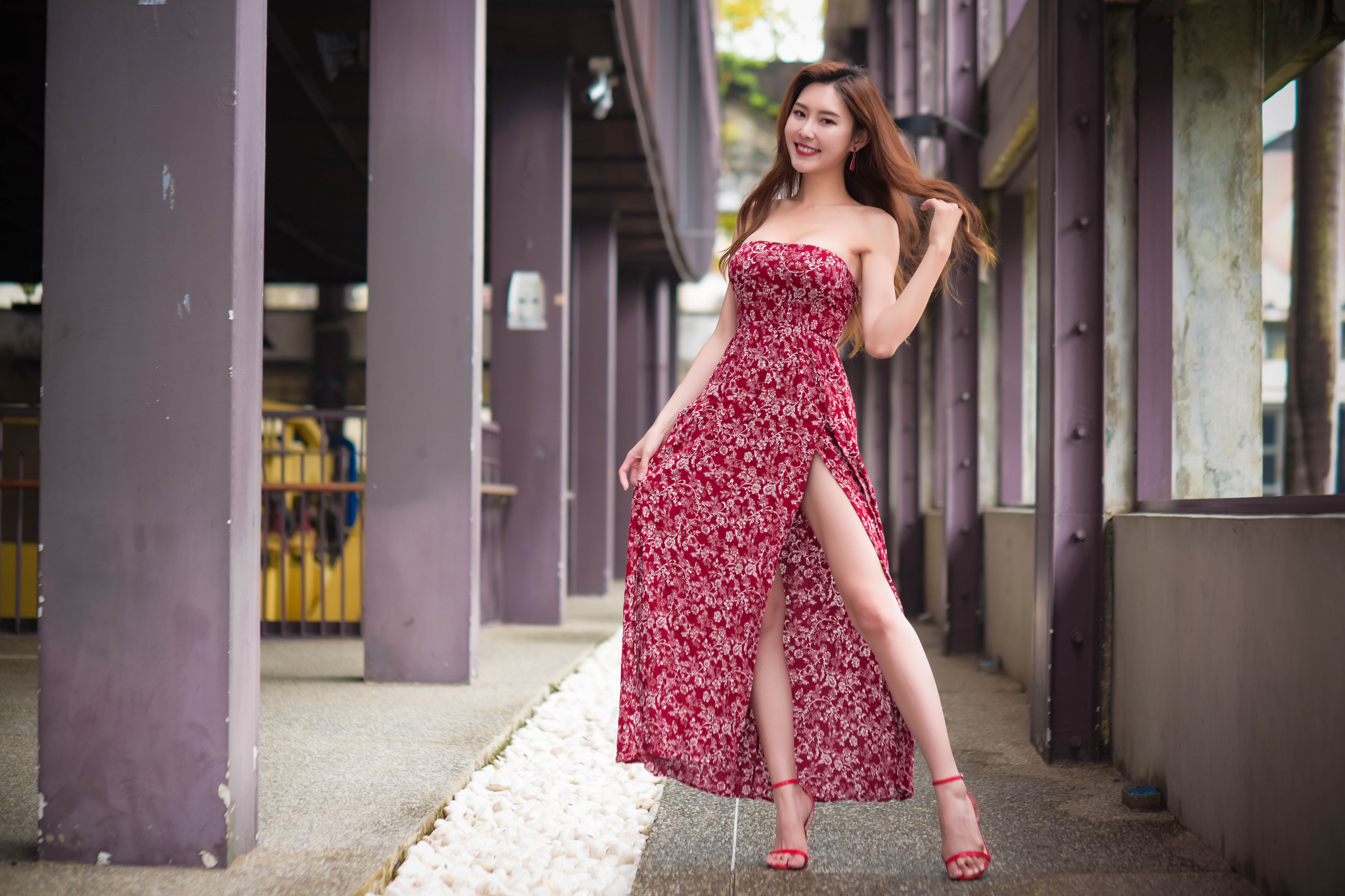 Asian Model Women Long Hair Dark Hair Standing Flower Dress Red Heels Hallway 3840x2560