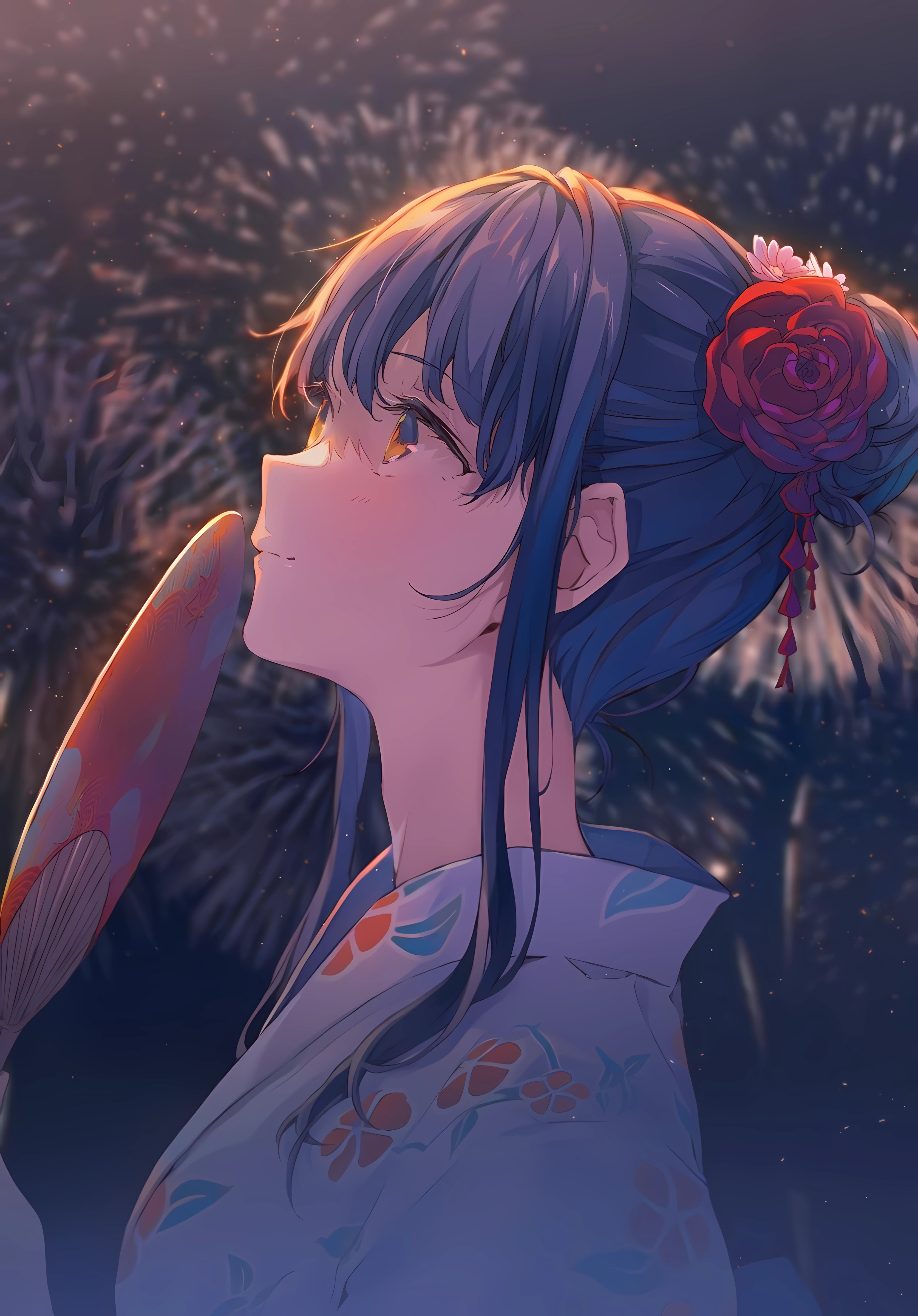 Anime Anime Girls Looking Up Kimono Fireworks Fans Smiling Long Hair Hairbun Profile 3348x4800