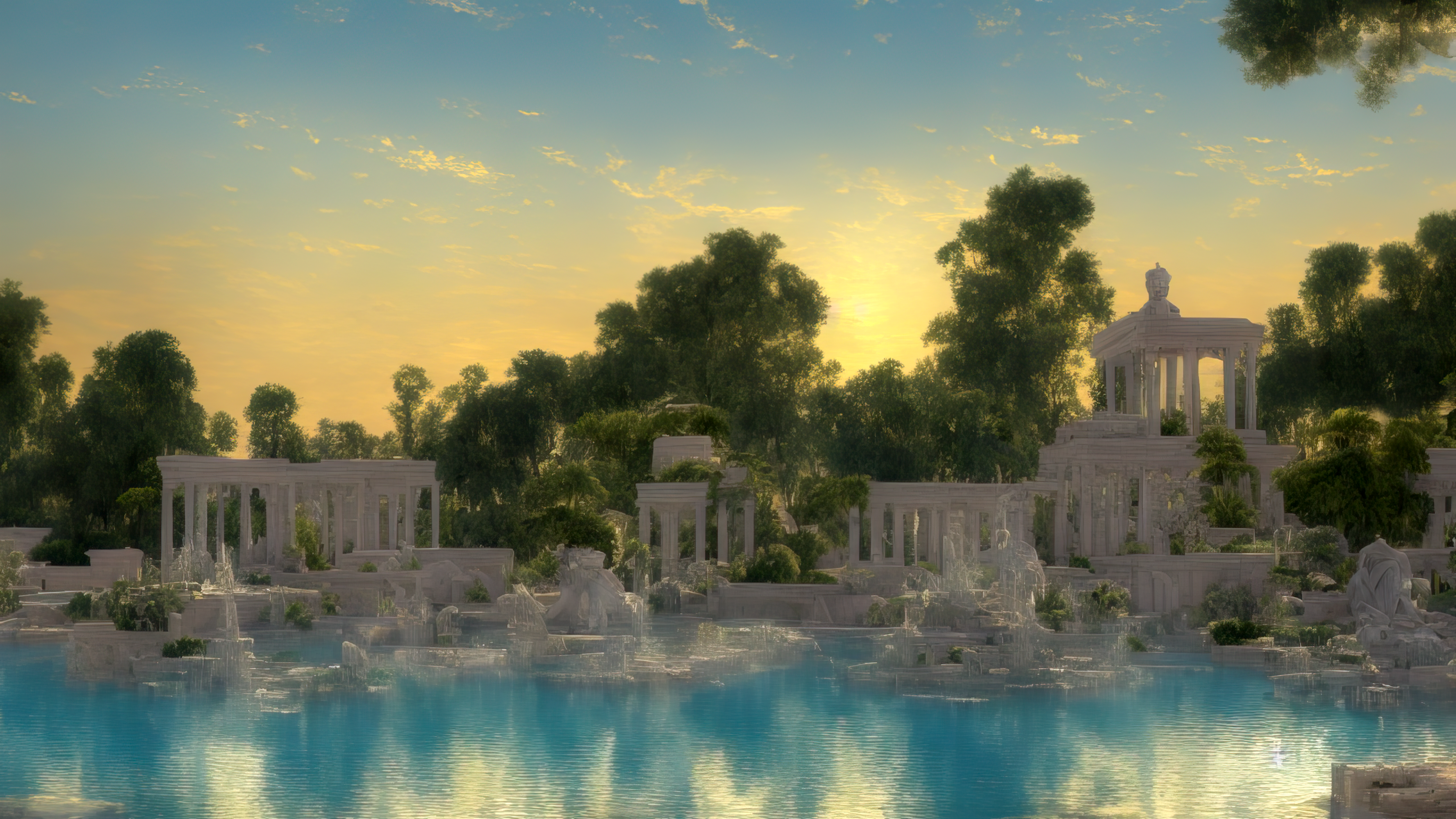 Ai Art Stable Diffusion Greek Columns Ruins Landscape Ancient Greece Ancient Greek Sky Clouds Trees  3840x2160