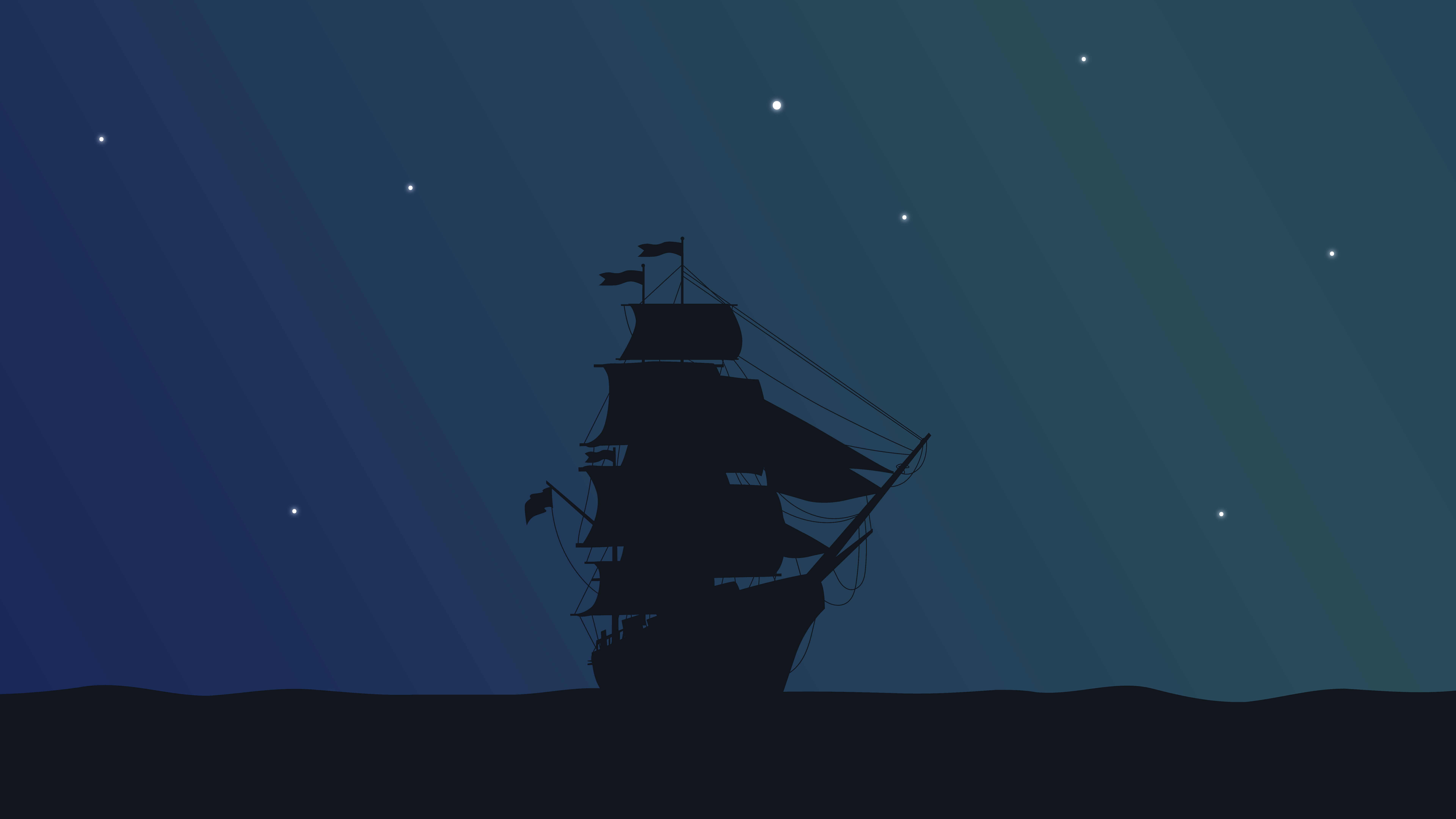 Pirate Ship Minimalism Ship Dark Starred Sky Programming Simple Background Silhouette Sky 7680x4320