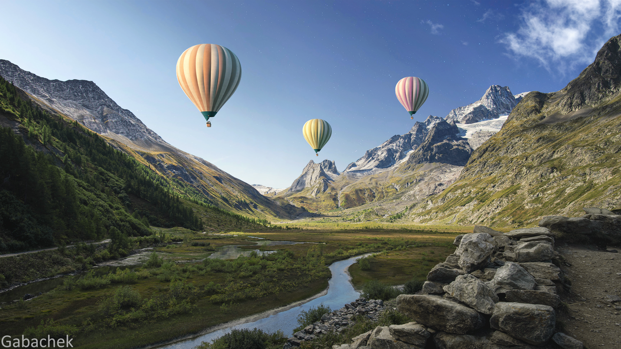 Gabachek Hot Air Balloons Mountains Gorge Landscape Sky Clouds Stars River Stones Nature Forest Phot 2560x1440