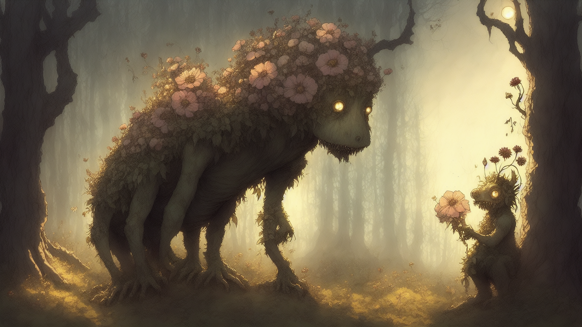 Creature Forest Flowers Pink Atmosphere Nature Trees 1920x1080