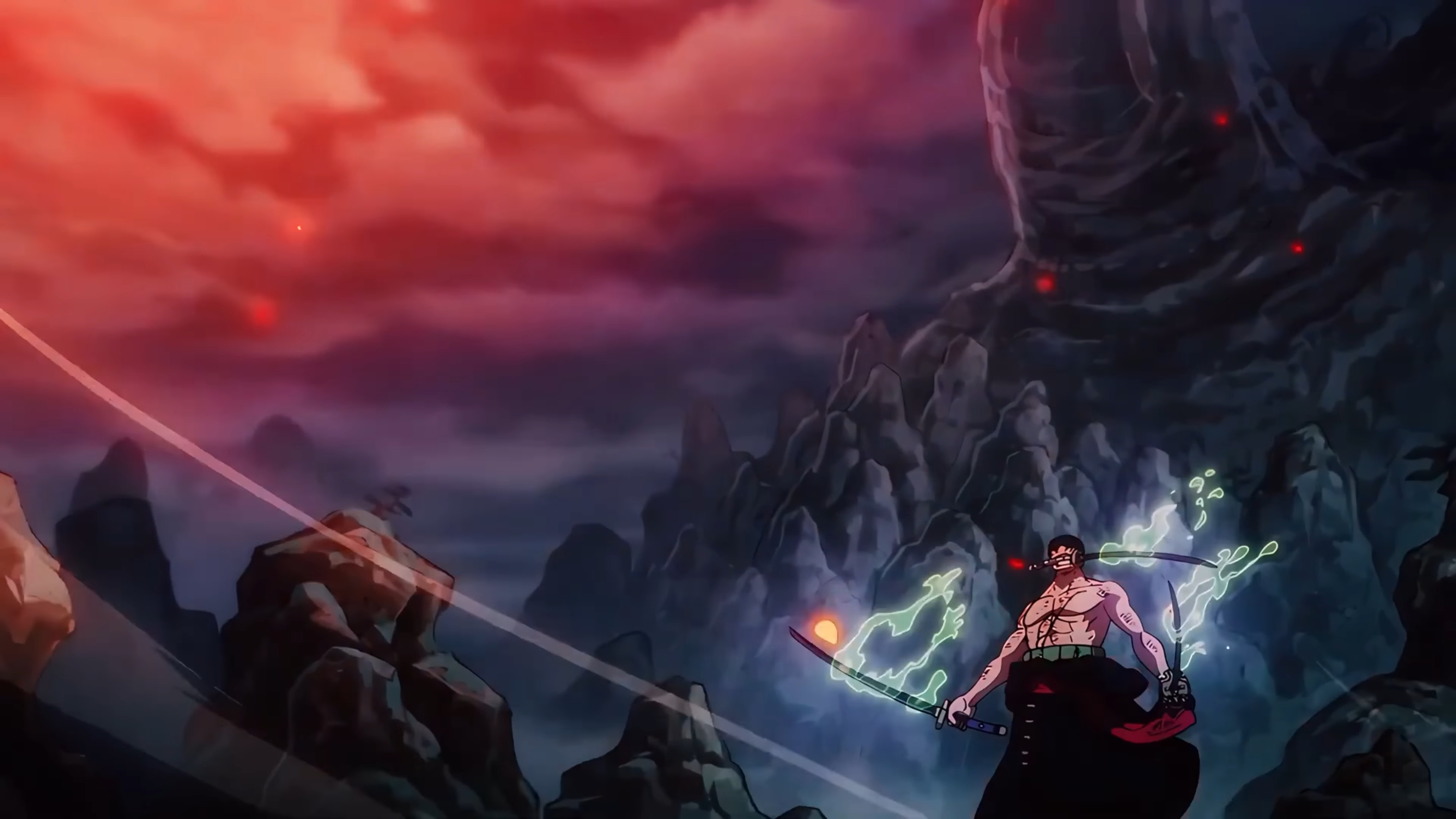 One Piece Anime Boys Swordsman Anime Anime Screenshot Sky Clouds Sword Shirtless Roronoa Zoro 3840x2160