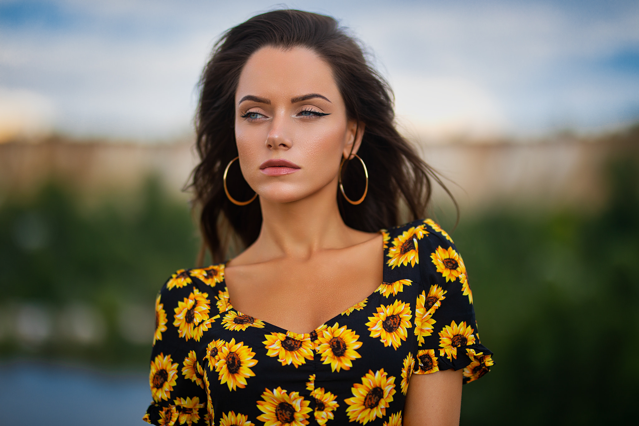 Dmitry Shulgin Women Brunette Makeup Eyeliner Blue Eyes Looking Away Hoop Earrings Dress Sunflowers  2048x1365