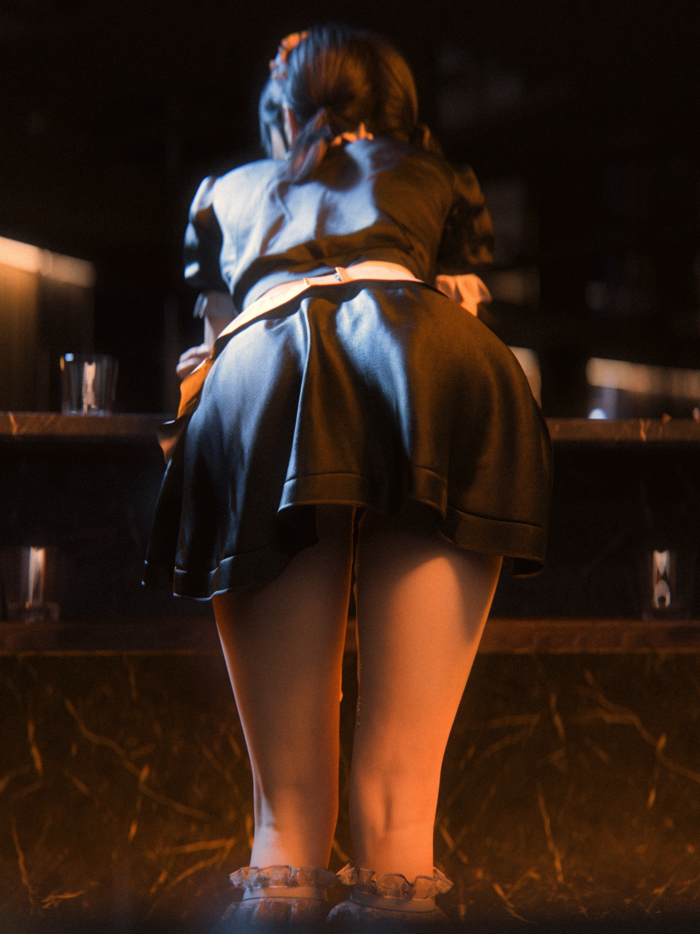 Shoe Lac3 Digital Art Artwork Illustration CGi Women Skirt Twintails Dark Hair Maid Details Back Por 2400x3200