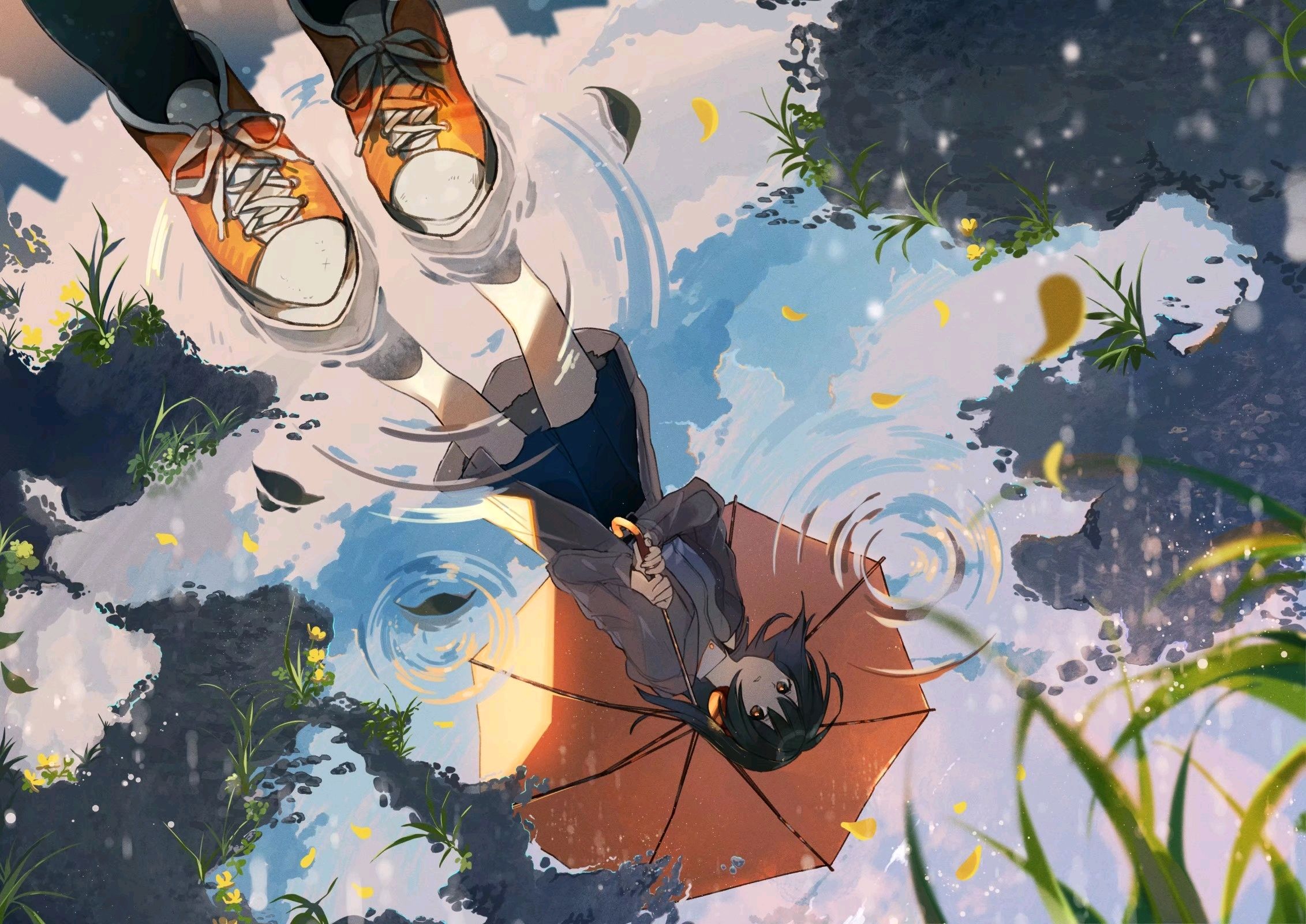 Anime Girls Shoes Rain Umbrella Water Inverted Skirt Reflection 2263x1600