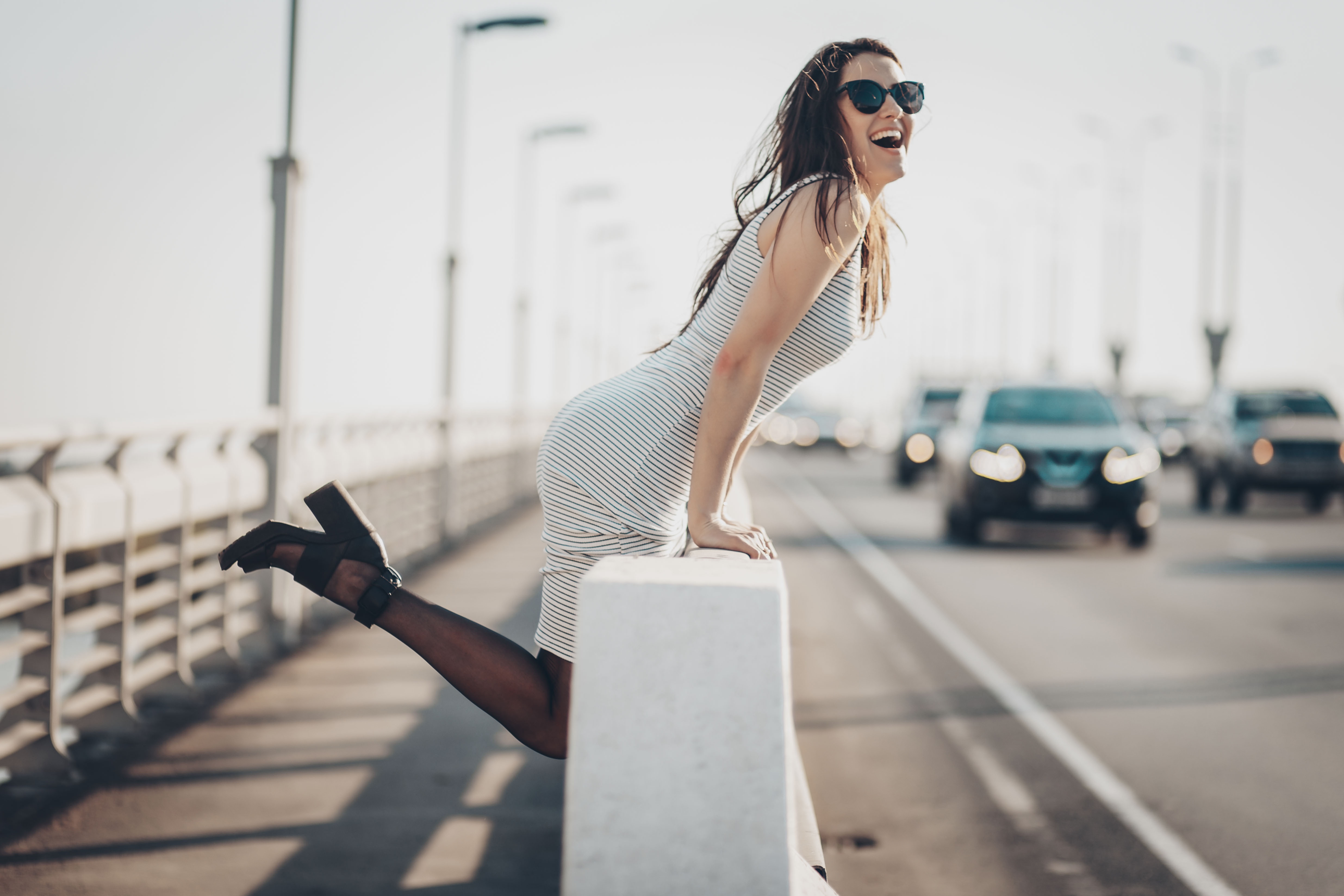 Olga Laferova Bridge Model Women Brunette Sunglasses Women With Shades Open Mouth High Heels Women O 4944x3296
