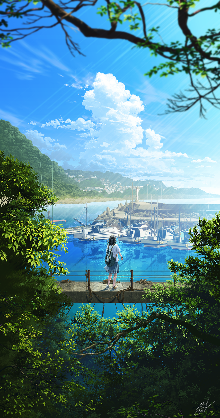 Anime Girls Portrait Display Signature School Uniform Schoolgirl Rear View Sunlight Boat Trees Sky C 905x1718