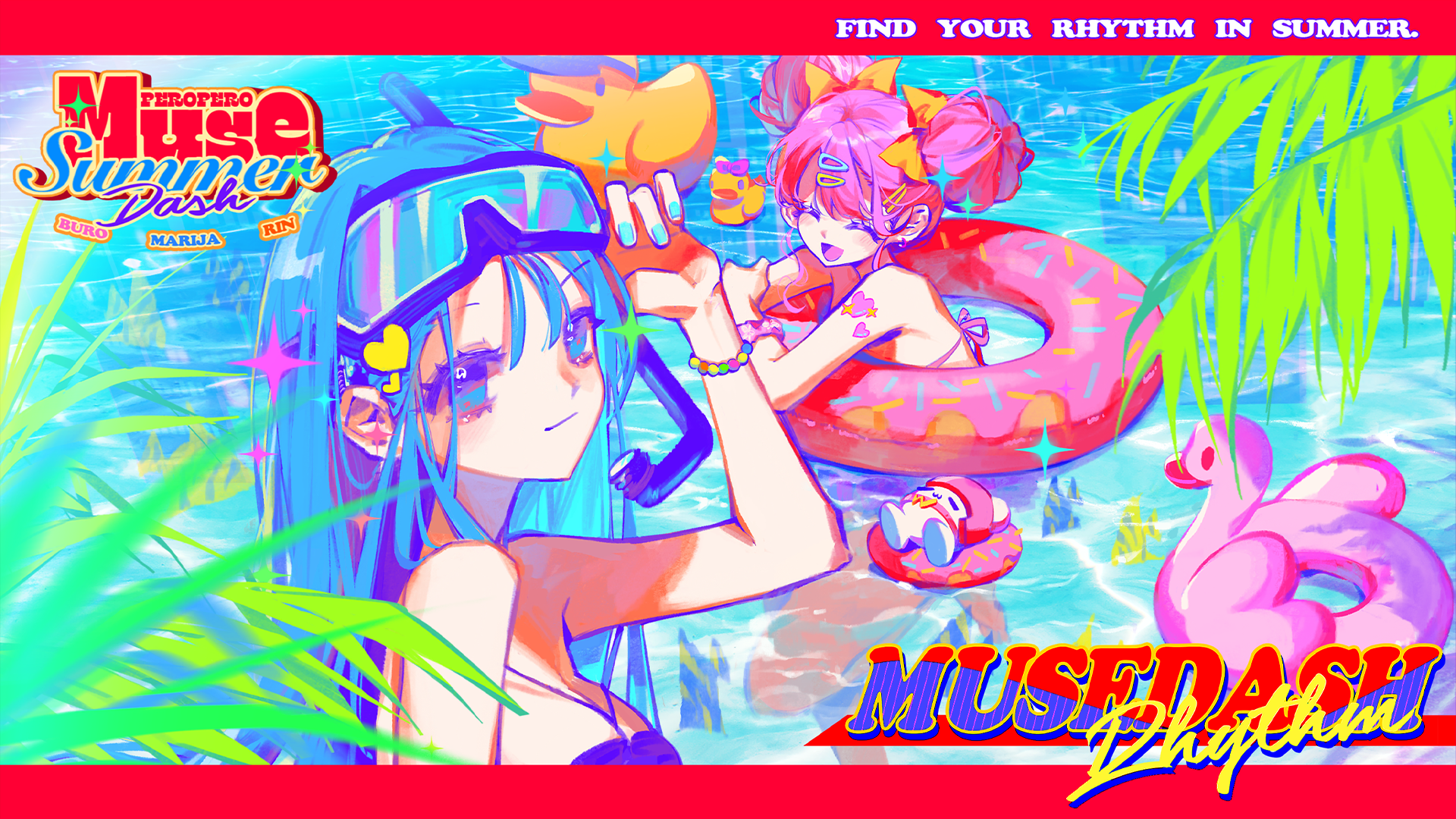 MuseDash Music Anime Girls Colorful Floater Swimming Goggles Water Closed Eyes Hairbun Rubber Ducks 1920x1080