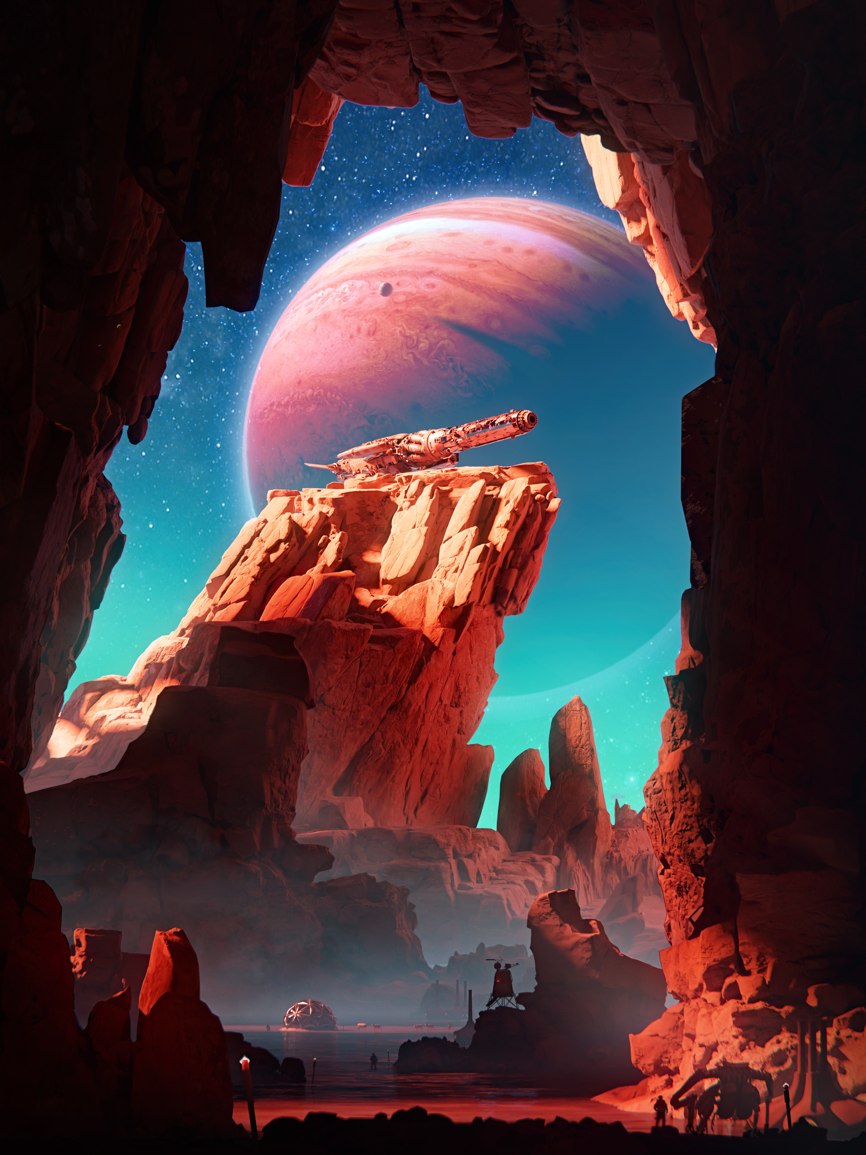 Digital Digital Art Artwork Illustration Space Planet Fantasy Art Spaceship Cave Mountains Rock Form 3000x4000