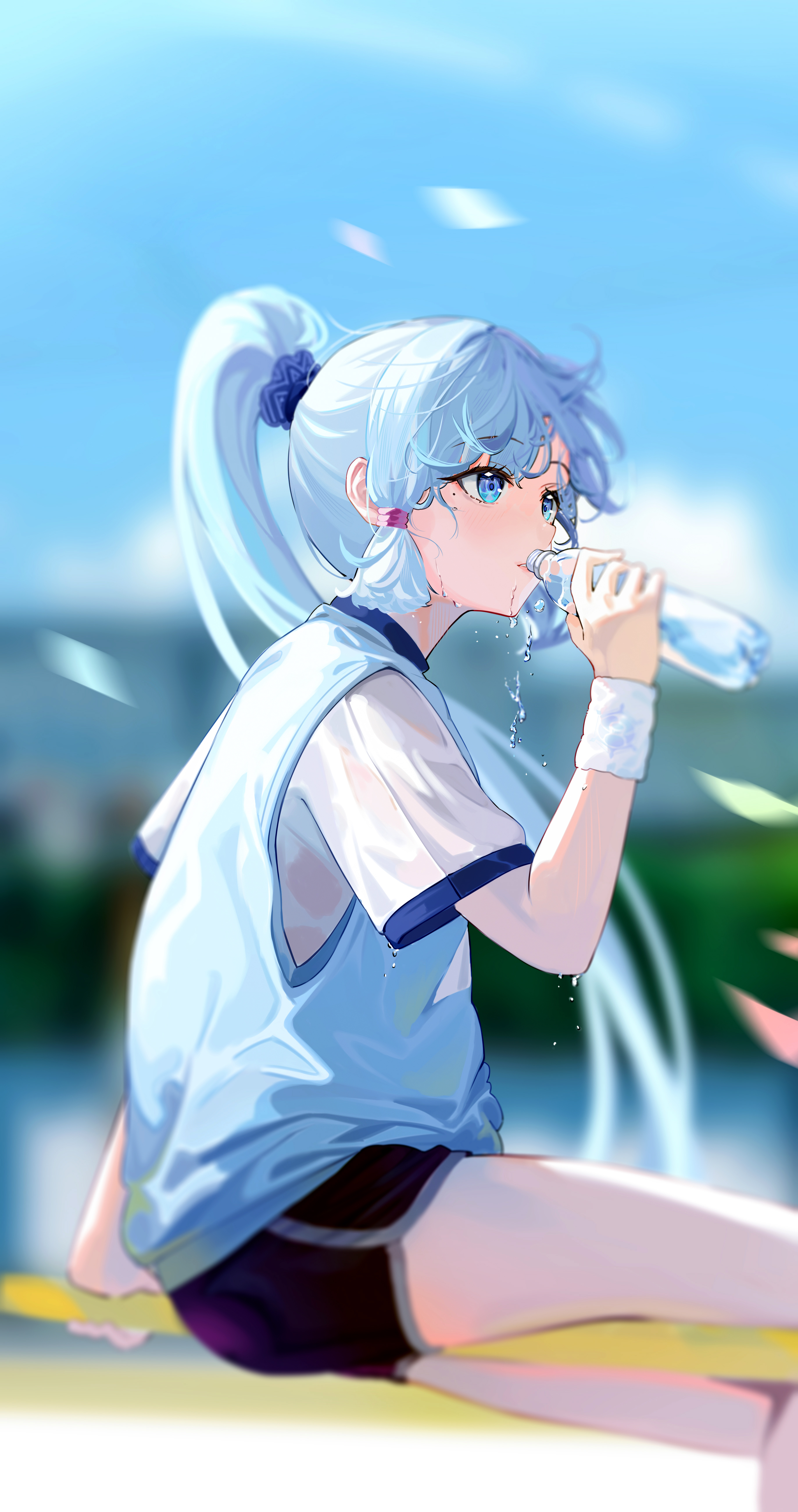Anime Anime Girls Portrait Display Ponytail Water Bottle Water Blue Hair Blue Eyes Moles Mole Under  2746x5199
