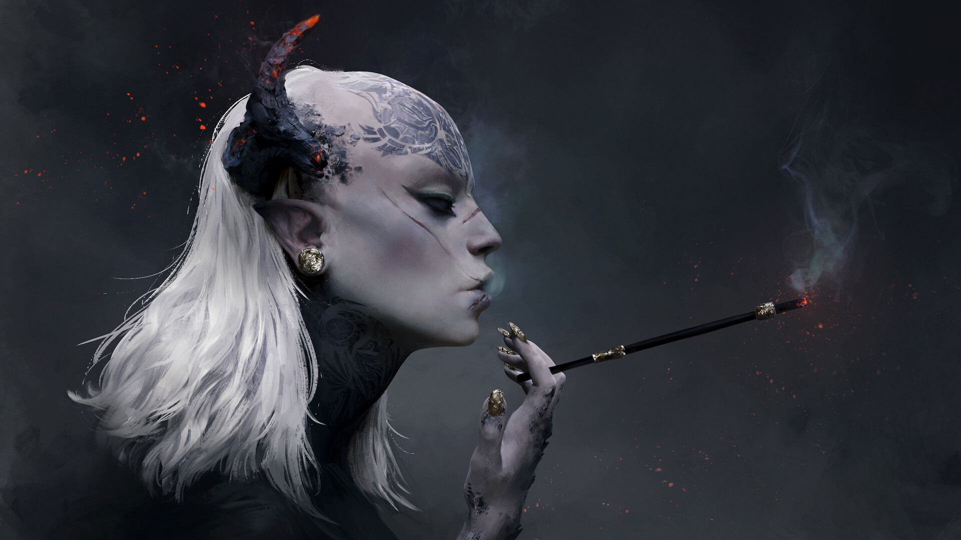 Women Artwork Digital Art Fantasy Art Fantasy Girl Face Horns Profile Smoking Inked Girls White Hair 1920x1080