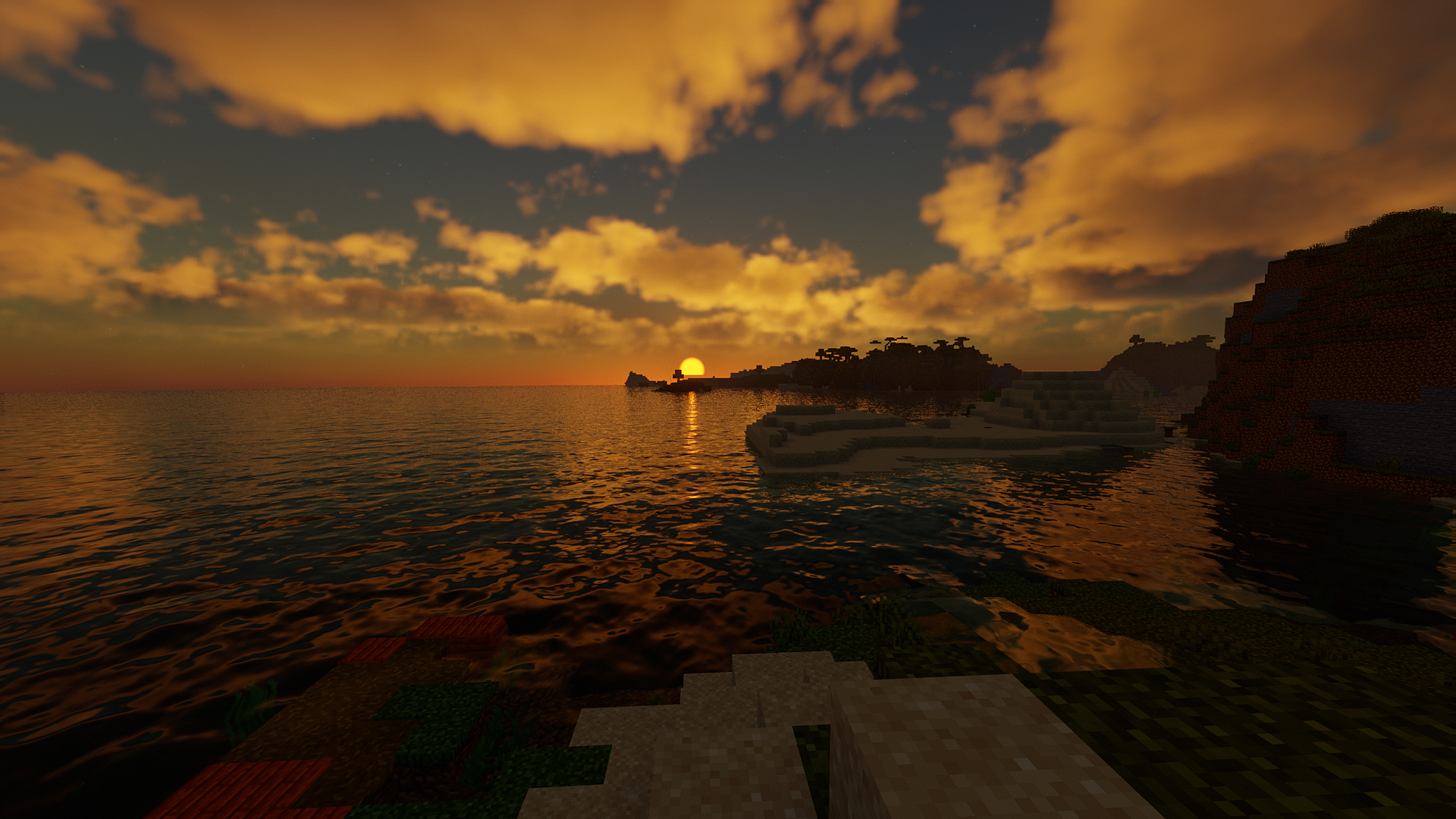 Minecraft Video Games Beach Sunset Water Peaceful CGi Cube Sky Clouds Sun Sunset Glow 1920x1080