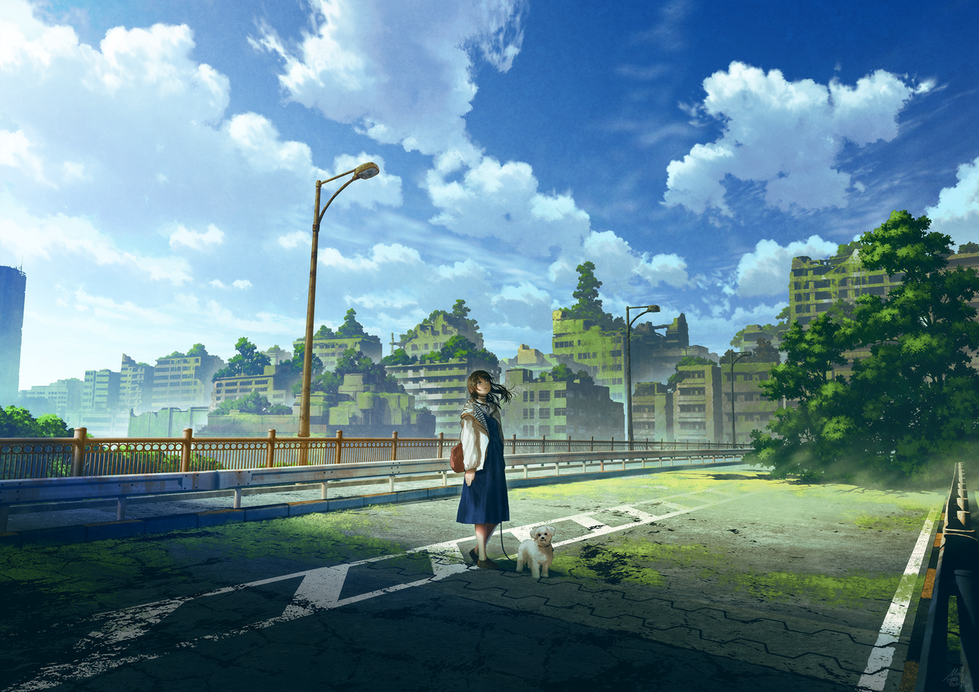 Pixiv Artwork Dog Animals Sky Clouds Trees City Bridge Hair Blowing In The Wind Long Hair Women 1400x990
