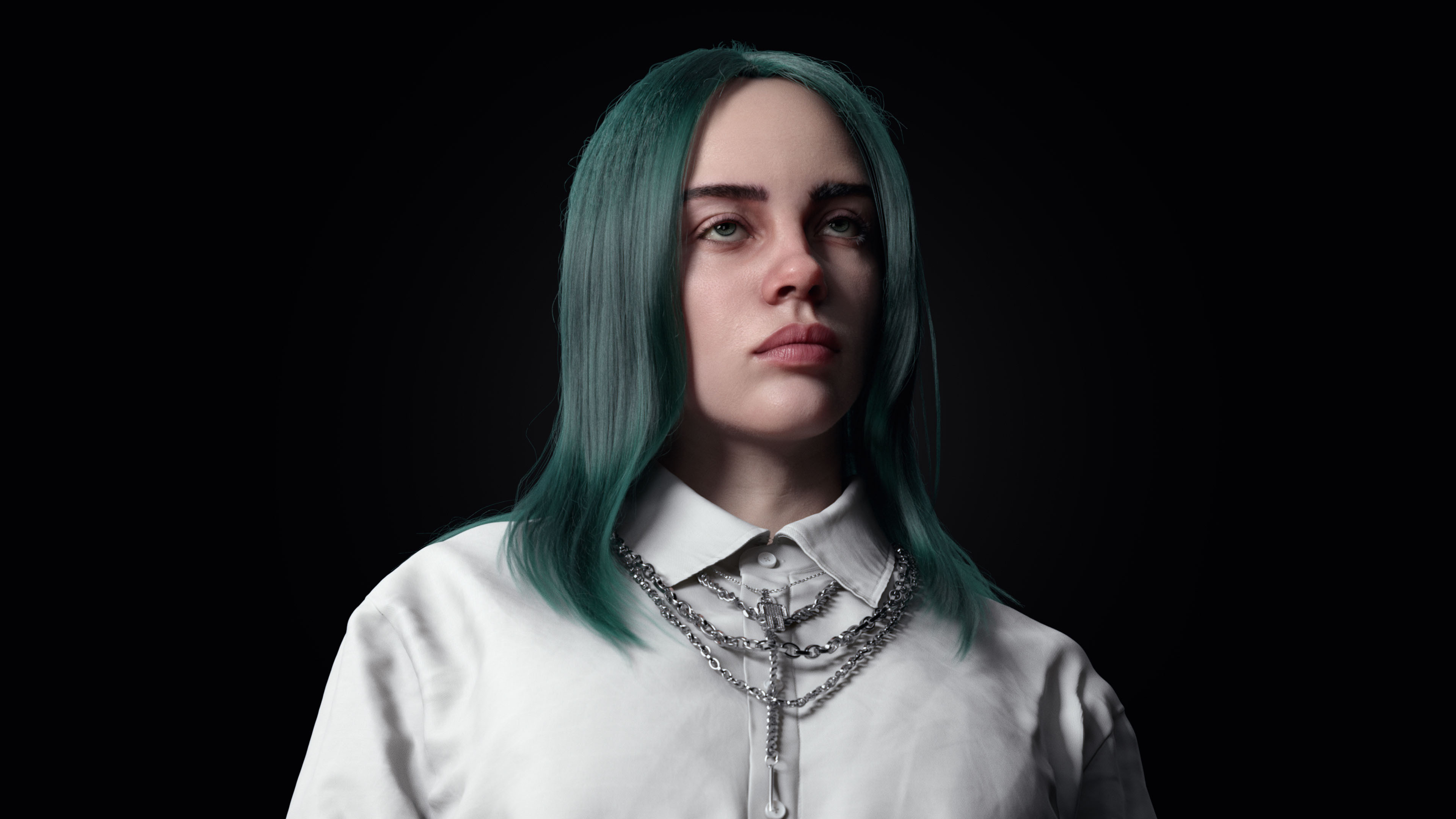 Billie Eilish Digital Art Bad Guy Green Hair Chains Jewelry Thick Eyebrows Buttons Clothes White Shi 3840x2160