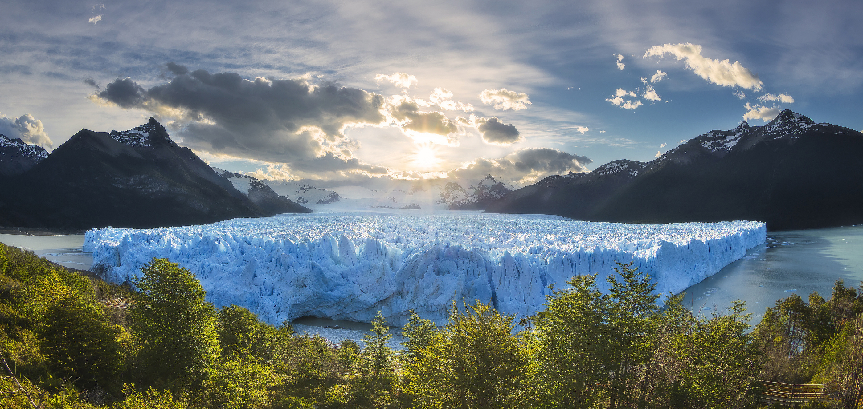 Nature Mountains Landscape Clouds Sky Sun Sunlight Ice Trees Snow Water Glacier Patagonia Argentina  2800x1330