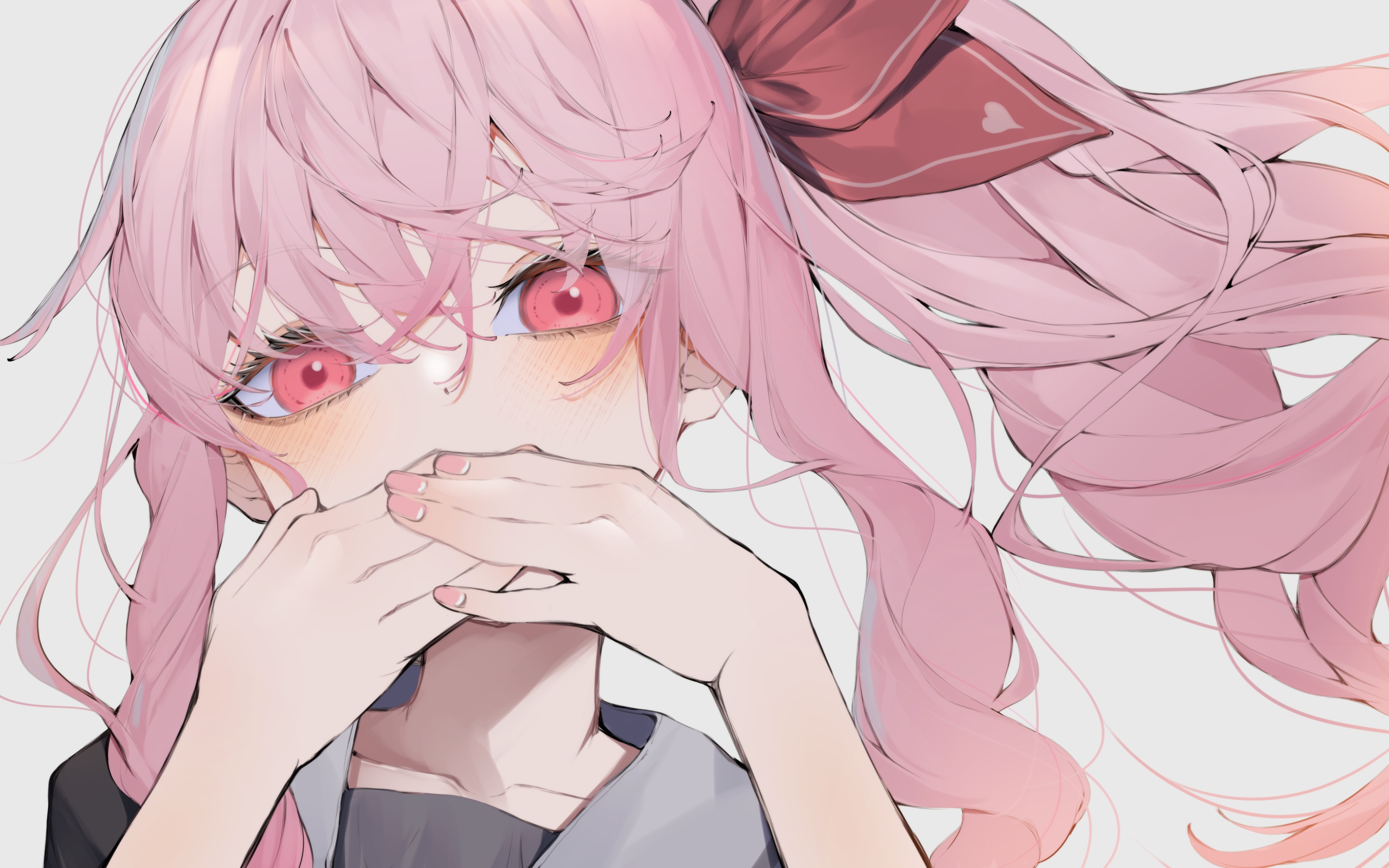 Anime Anime Girls Pink Hair Pink Eyes Blushing Looking At Viewer Simple Background White Background  4096x2560