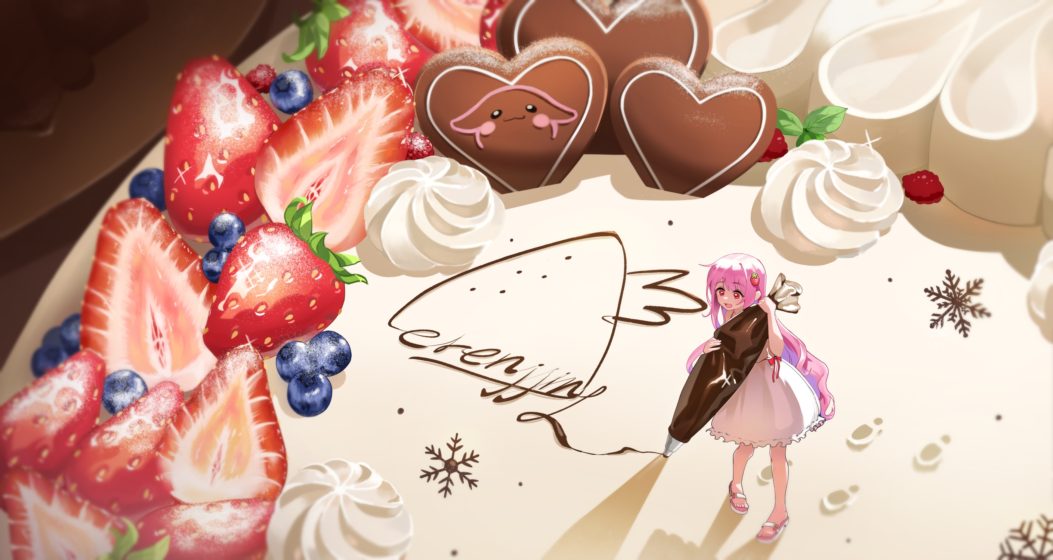 Anime Anime Girls Strawberries Blueberries Fruit Frosting Cake Sweets Long Hair Dress Snowflakes Pin 3500x1862