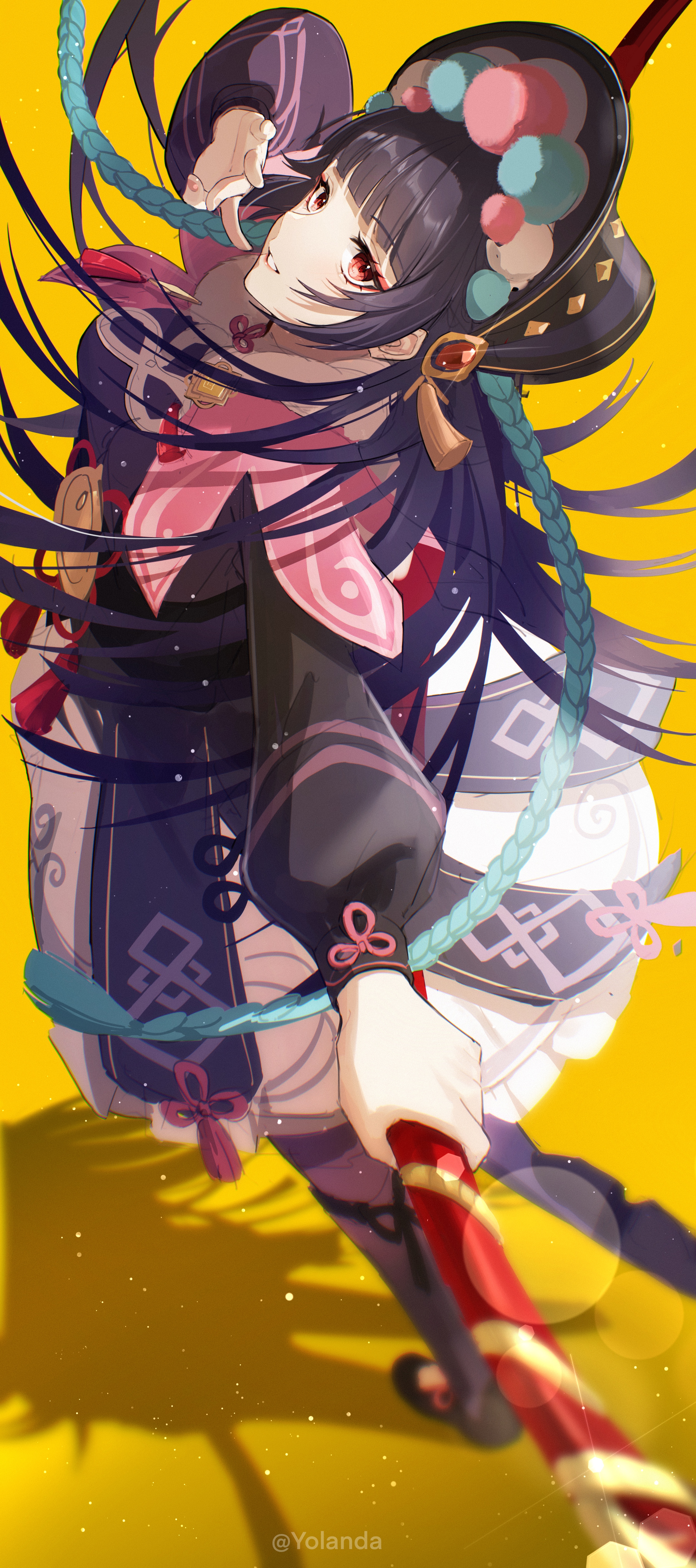 Anime Girls Genshin Impact Long Hair Red Eyes Yellow Background Yun Jin Genshin Impact 2501x5632