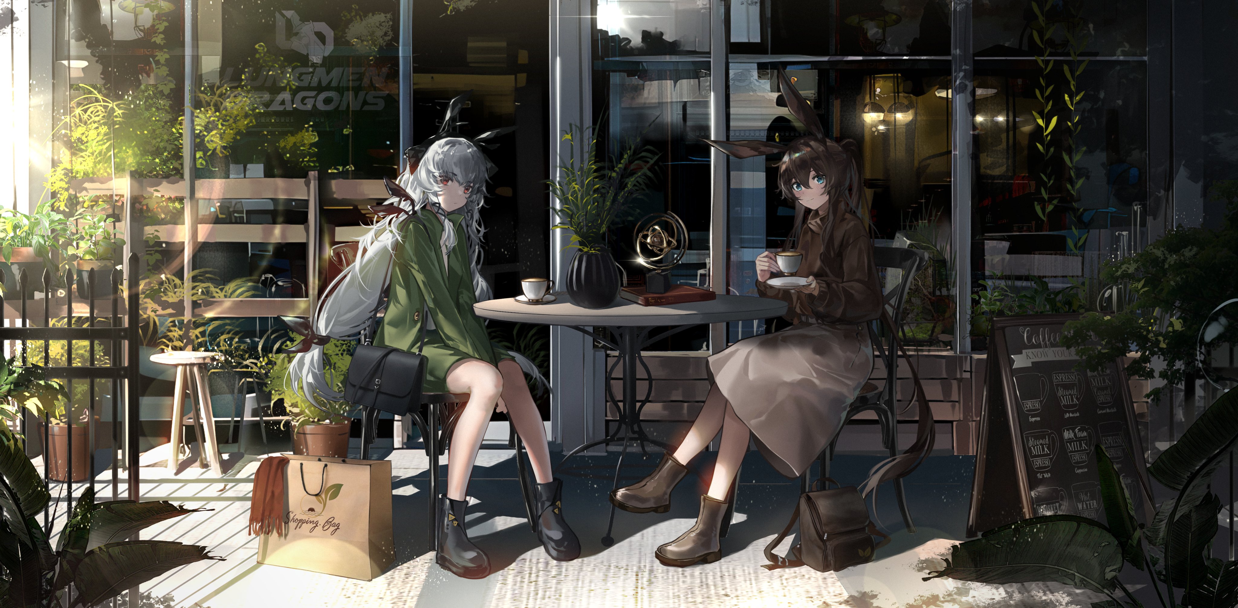 Anime Girls Arknights Cafe Sitting Amiya Arknights Sunlight Cup Drink Leaves Window Looking At Viewe 4096x2013
