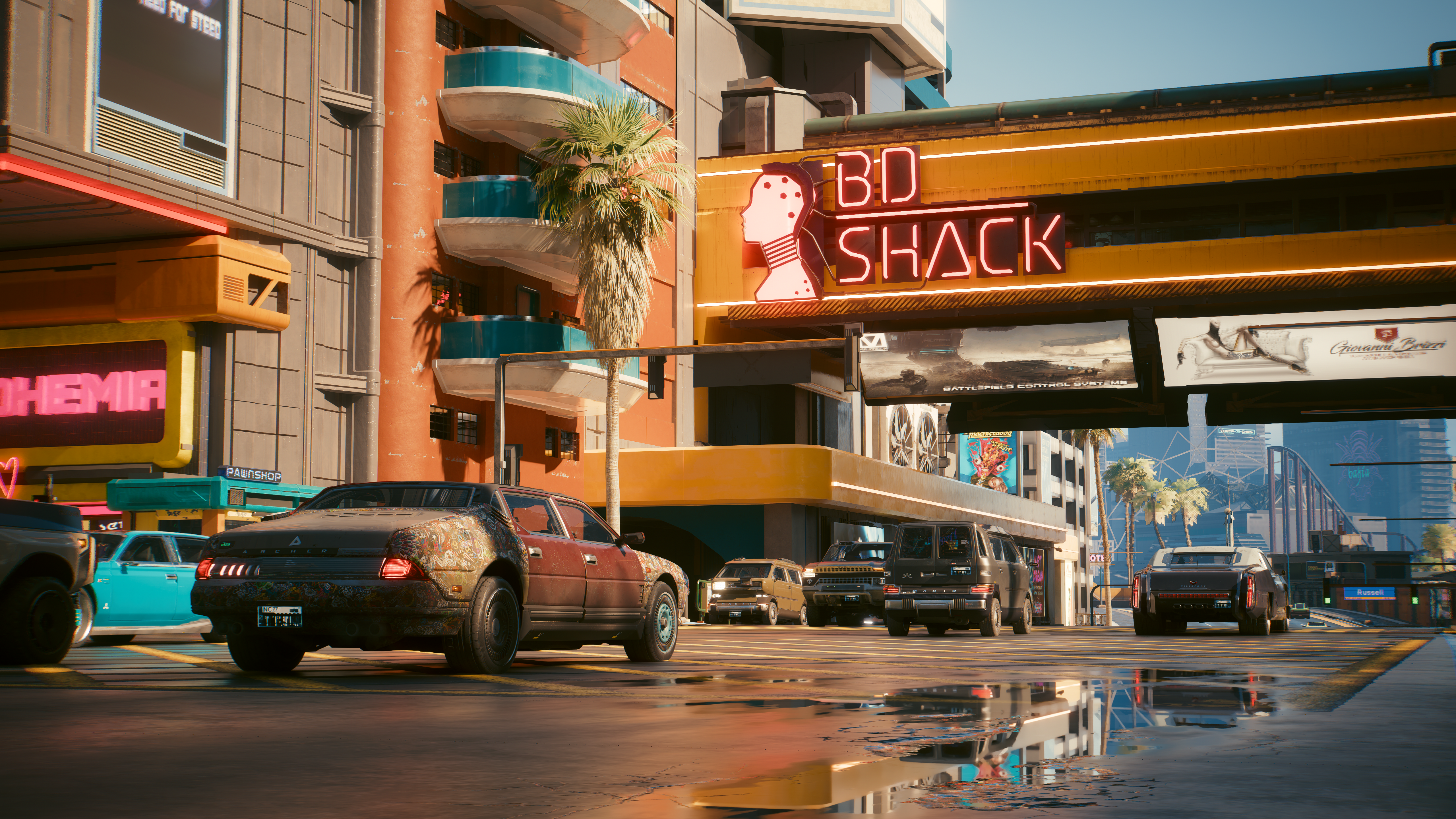 Cyberpunk 2077 Video Games Nvidia RTX Path Tracing Car Reflection Neon Sign CGi Road Building 5120x2880