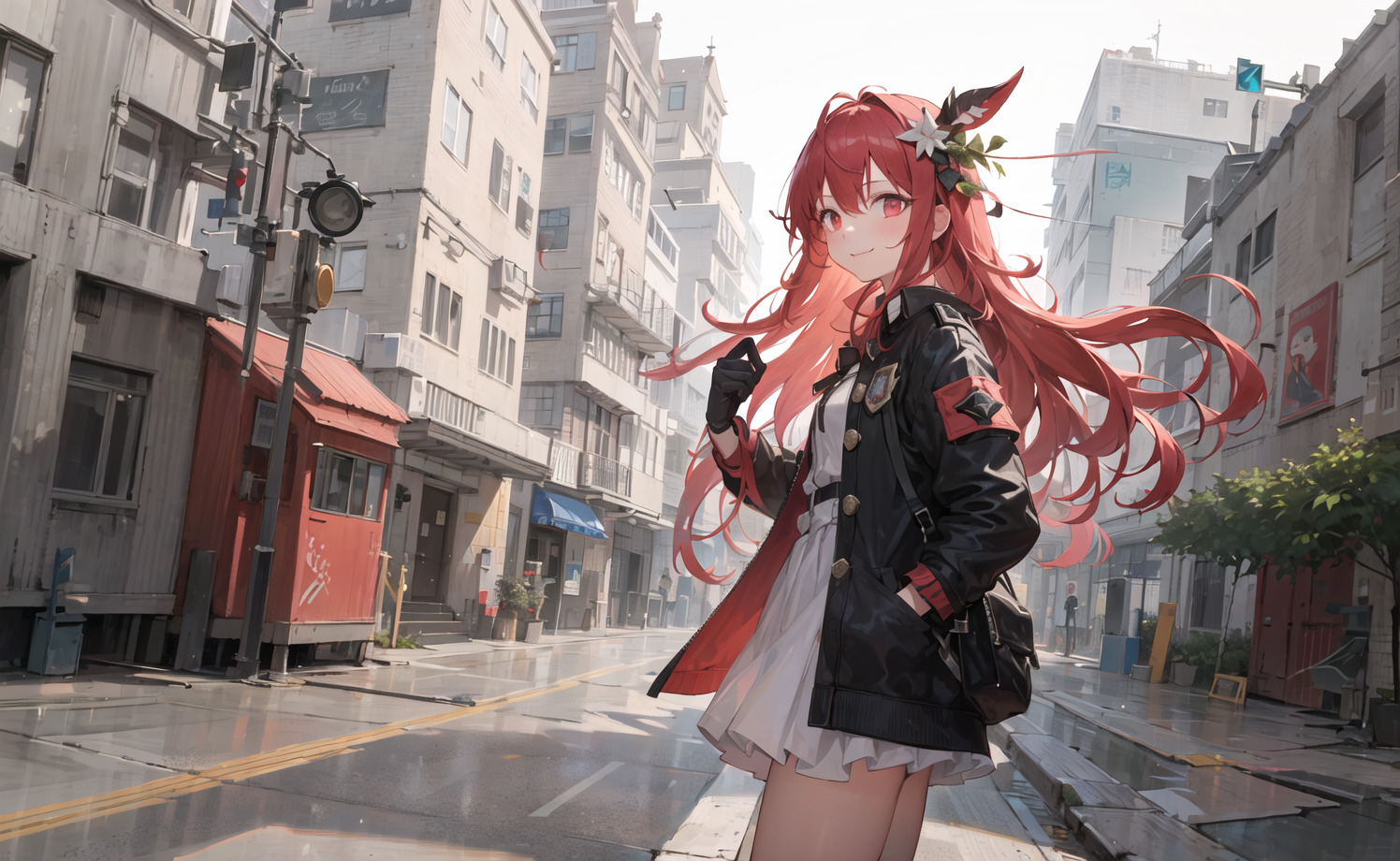 Anime Anime Girls Hands In Pockets Gloves Smiling Looking At Viewer Long Hair Redhead Flower In Hair 1496x920