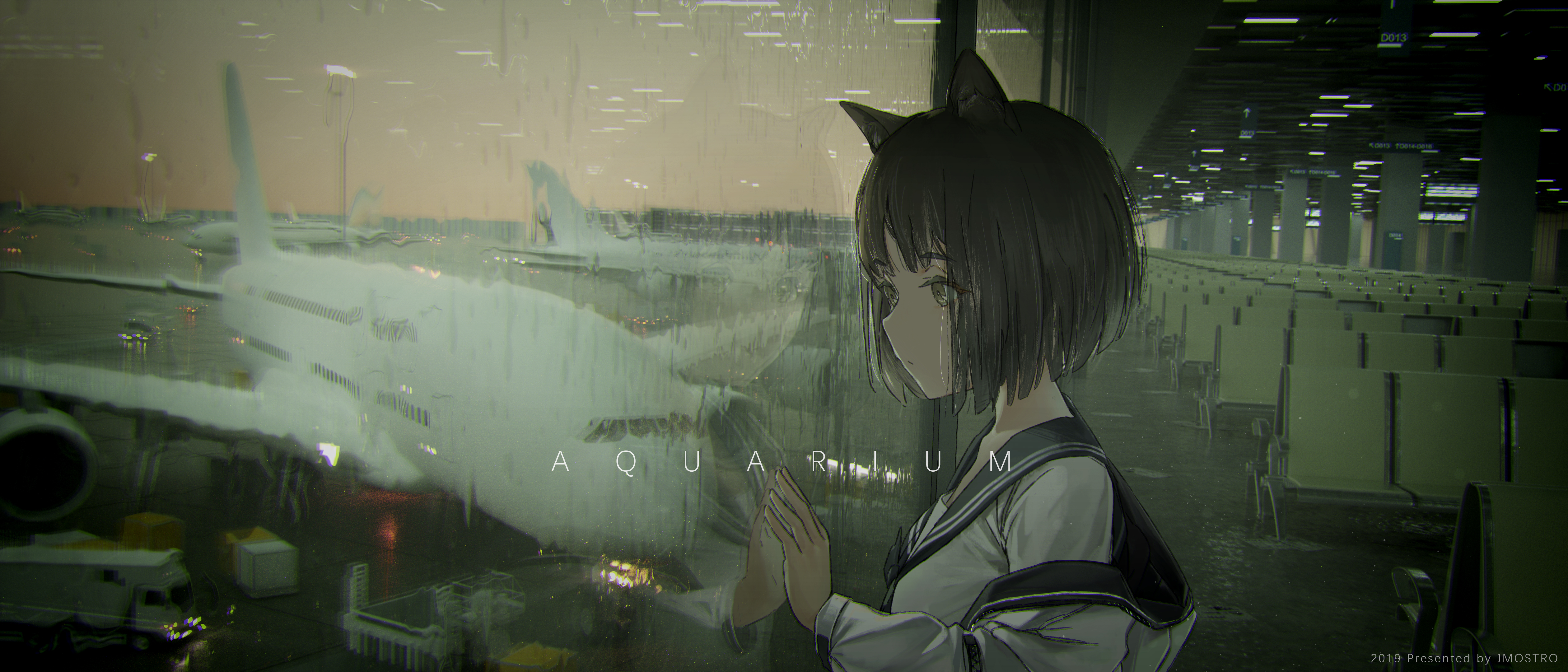 JMOSTRO Anime Anime Girls Dark Hair Animal Ears Reflection Aircraft Passenger Aircraft Airport Rain  5040x2160