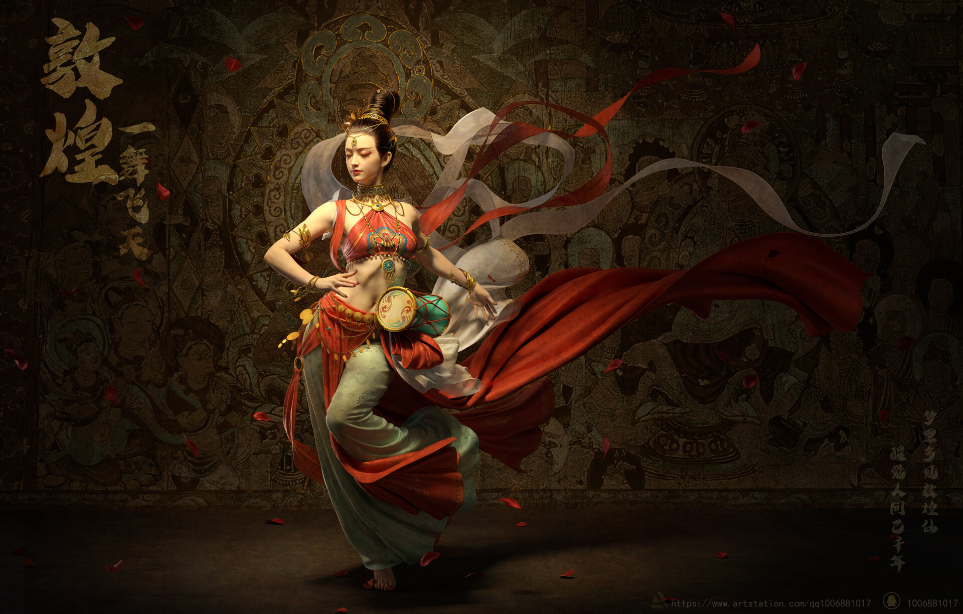 Baogu Er Ba CGi Women Asian Shawl Pattern Digital Art Dancing Petals Watermarked Jewelry Closed Eyes 1920x1224