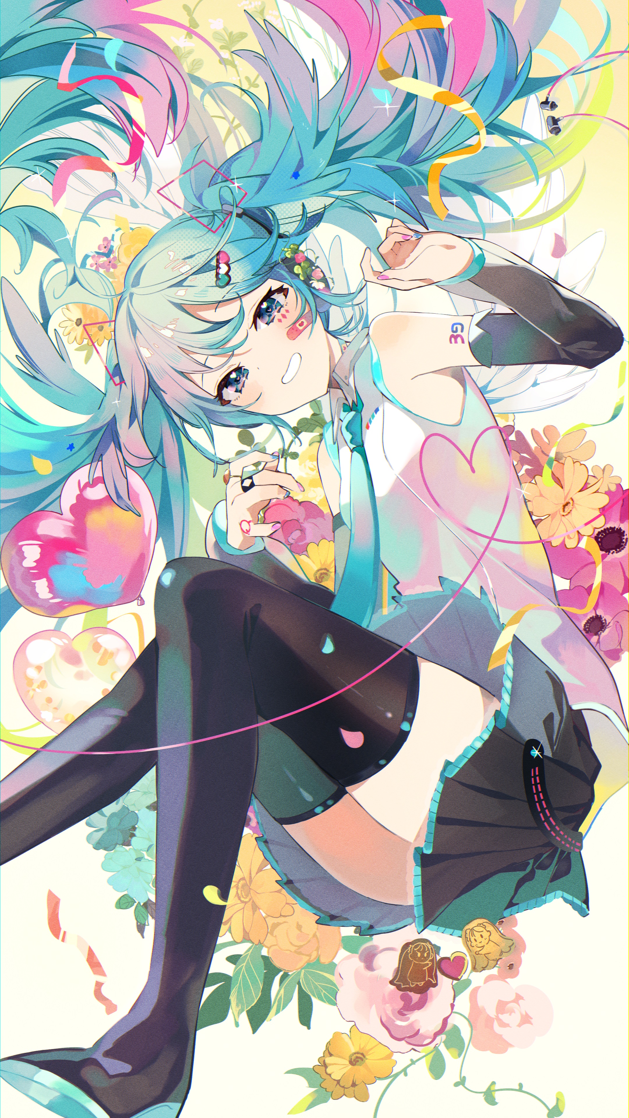 Anime Anime Girls Vertical Vocaloid Hatsune Miku Twintails Blue Hair Blue Eyes Flowers Band Aid Flow 2160x3840