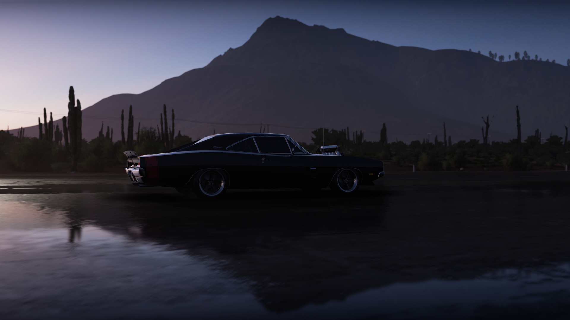 Forza Horizon 5 Video Games Dark Car Dodge Charger Muscle Cars American Cars PlaygroundGames Sky Sup 1920x1080