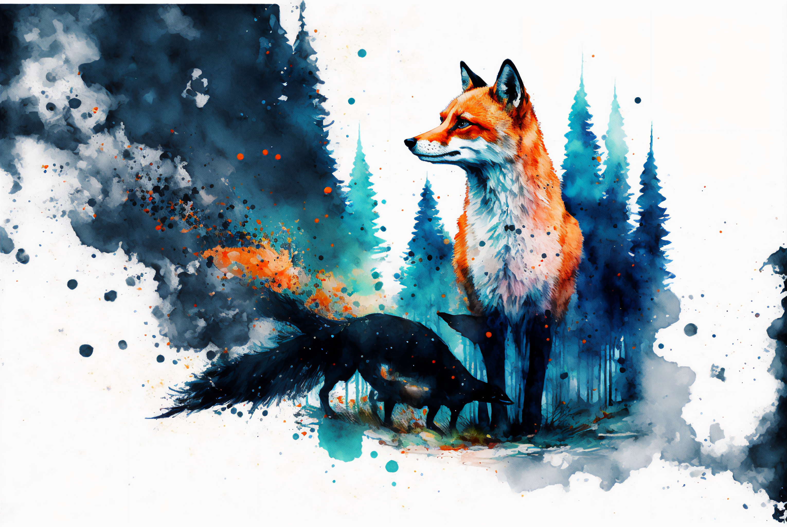 Ai Art Watercolor Fox Trees Animals 3060x2048