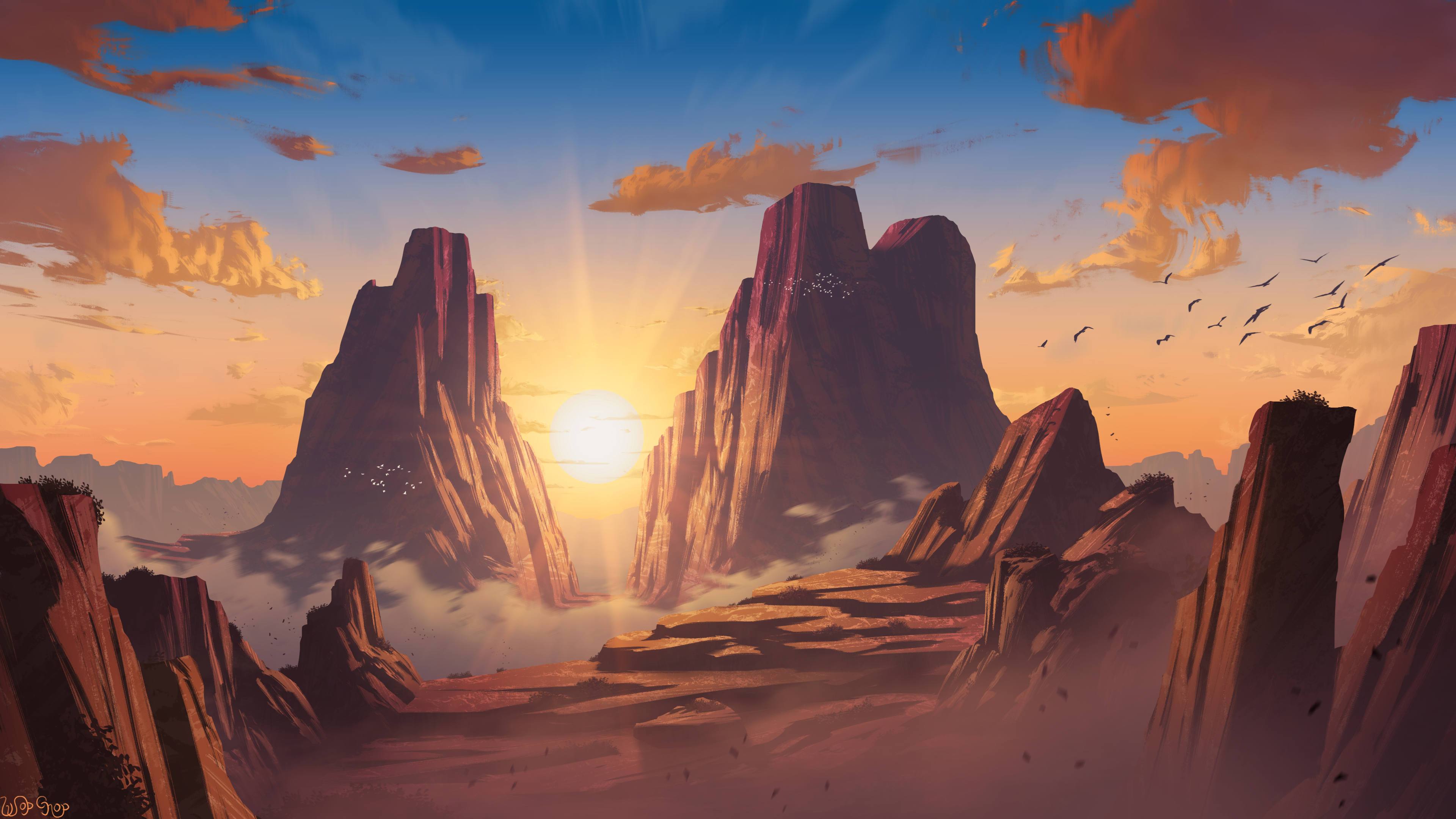 Wopgnop Digital Art Illustration Landscape Nature Sunset Desert Rock Formation Clouds Birds Environm 3840x2160