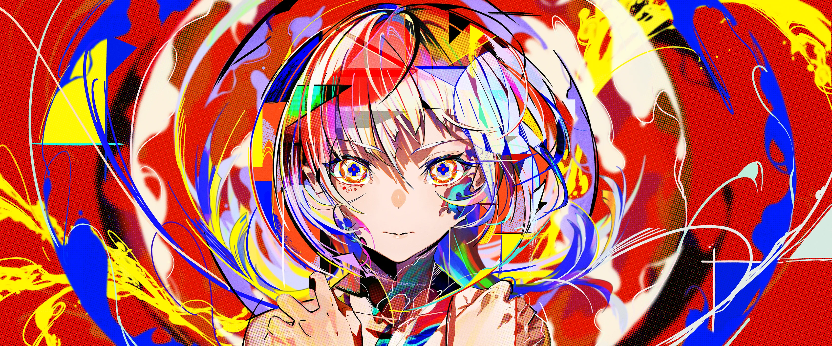 Mika Pikazo Digital Art Artwork Illustration Women Anime Girls Colorful Abstract Looking At Viewer 3367x1400