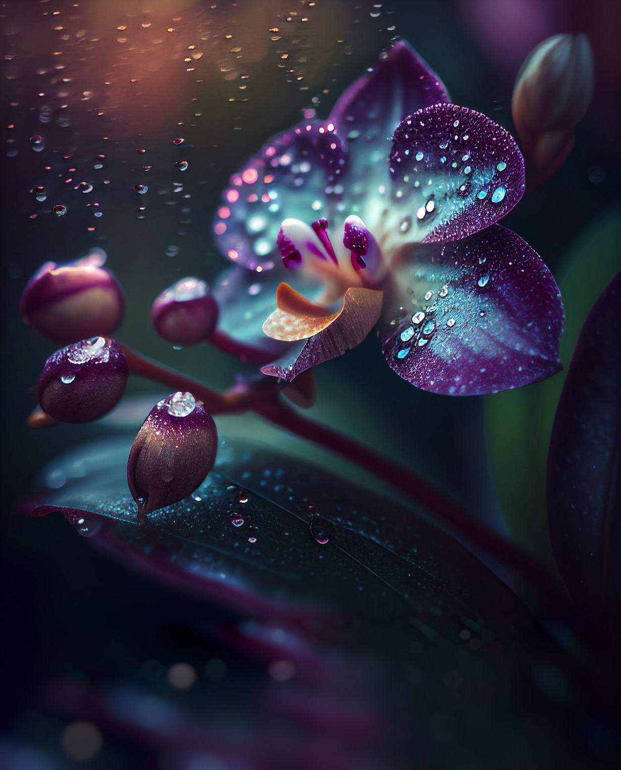 Julia Kaissa Photographer Flowers Nature Dew Raindrop Orchids Leaves Purple Vertical Water Drops 1230x1524
