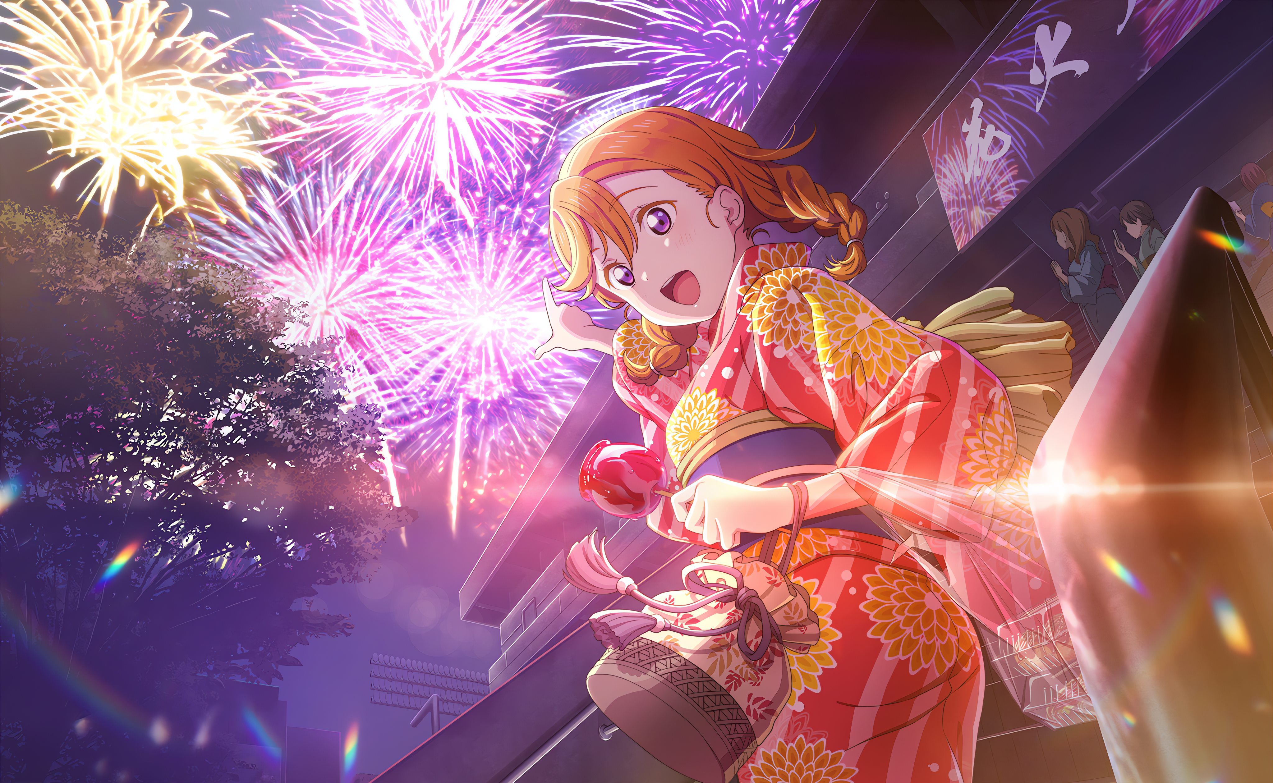 Shibuya Kanon Love Live Love Live Super Star Anime Anime Girls Fireworks Kimono Candy Apple Open Mou 4096x2520