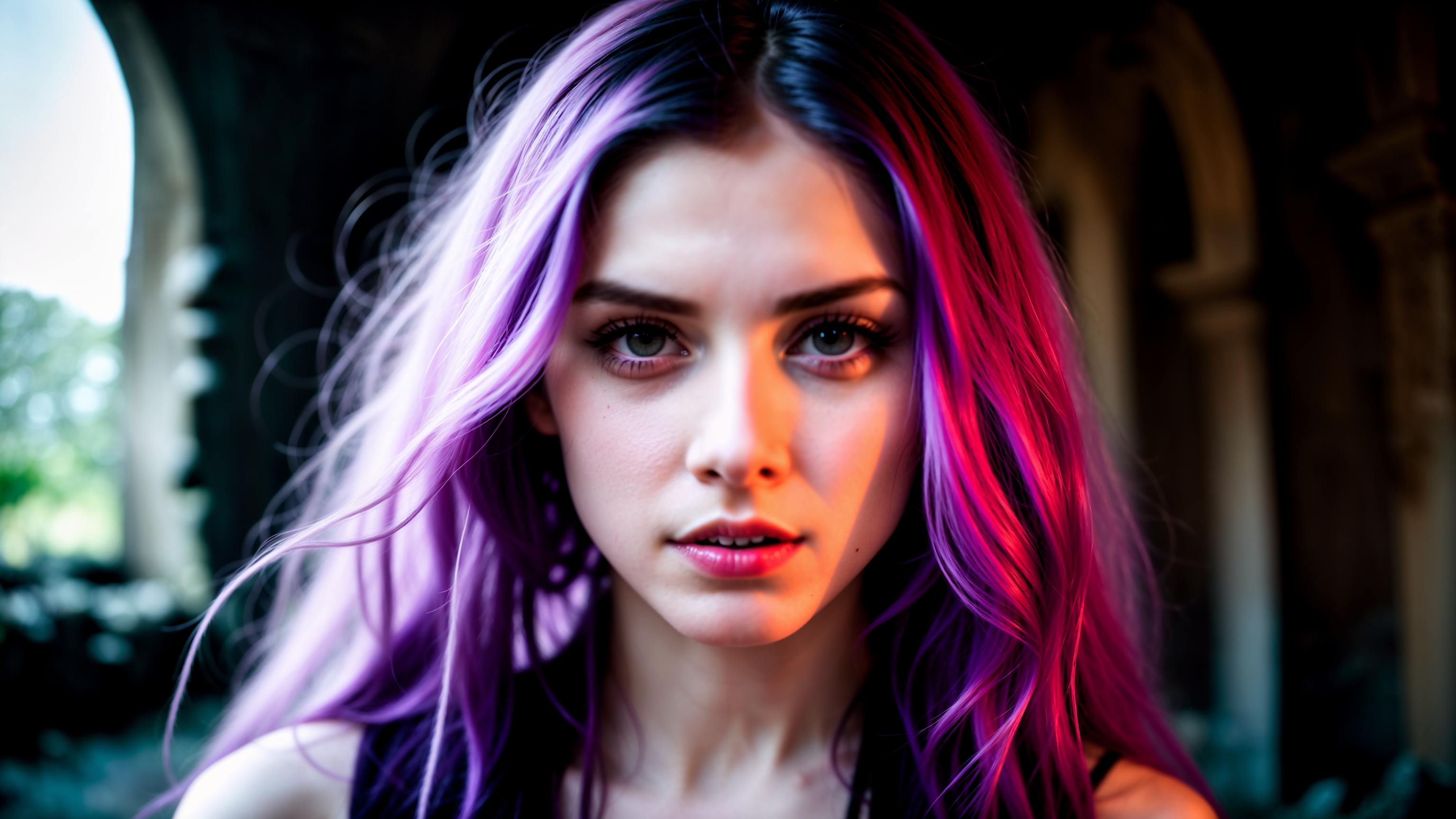 Ai Art Stable Diffusion Women Looking At Viewer Portrait Purple Hair Hair Ruins Face 3072x1728