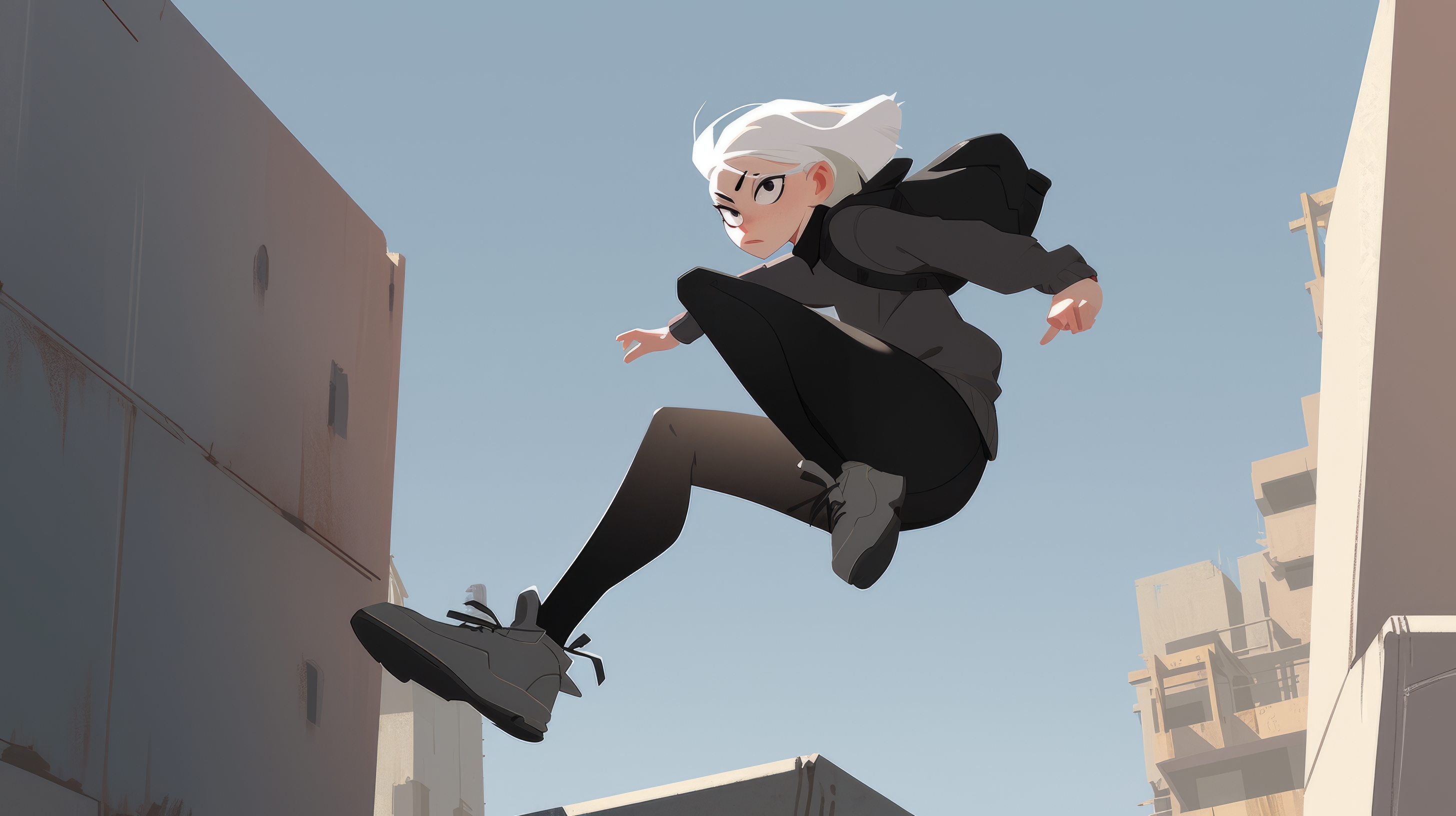 Illustration Parkour Cartoon White Hair Women Jumping 2912x1632