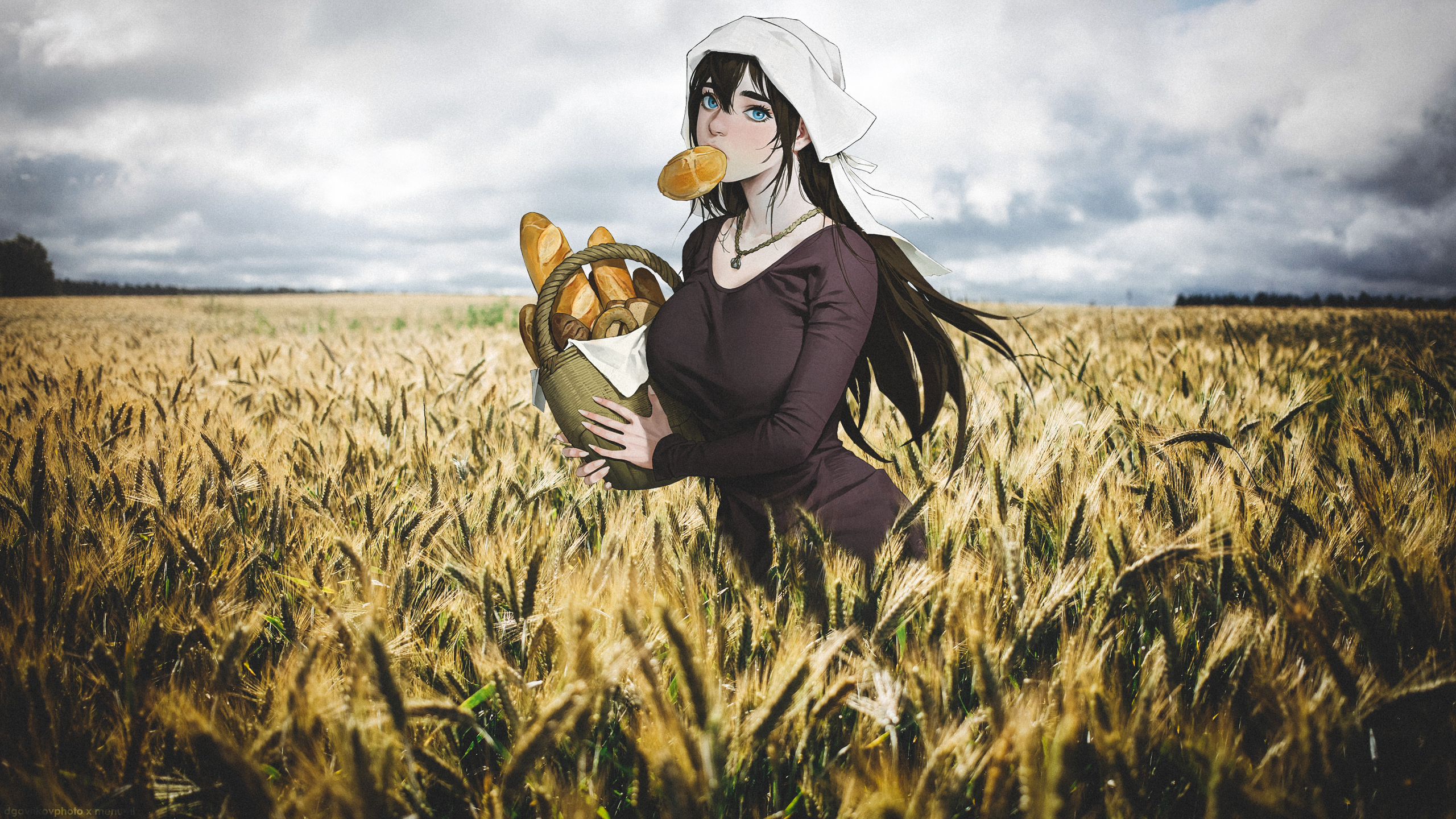 Field Wheat Collage Bread Fantasy Girl 2560x1440
