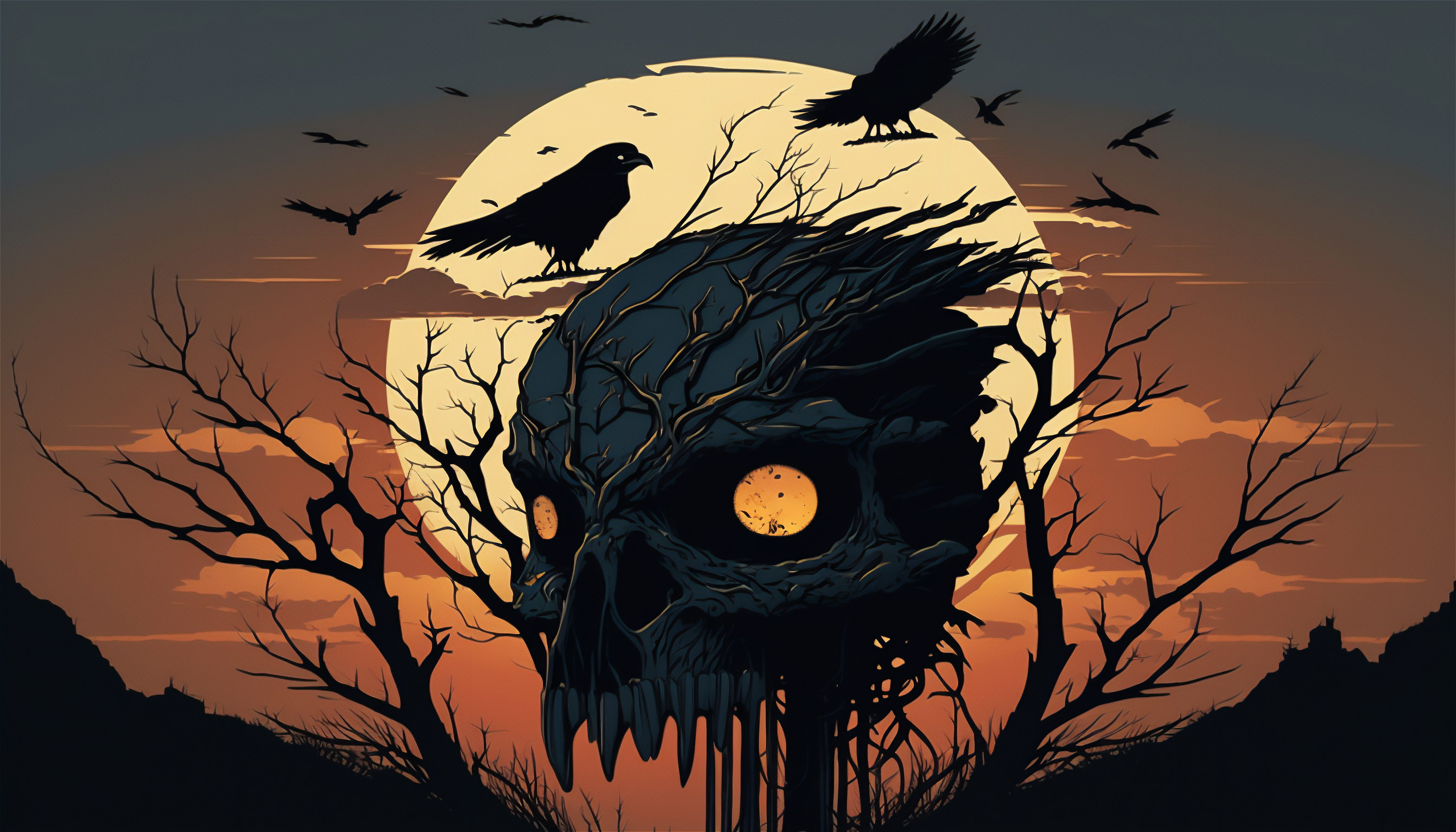 Ai Art Illustration Raven Skull Crows Birds Animals 3136x1792
