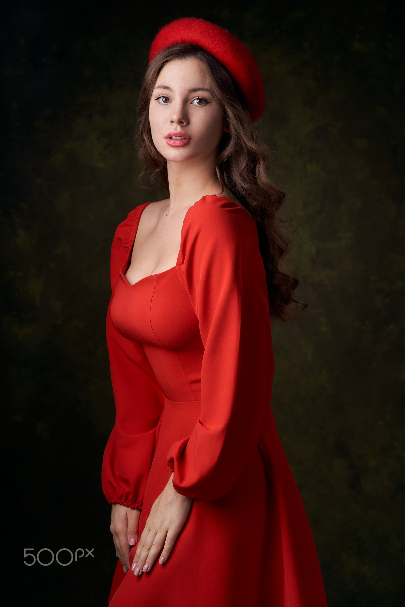 Alexander Vinogradov Women Hat Brunette Red Clothing Makeup Simple Background Red Dress Berets 1366x2048
