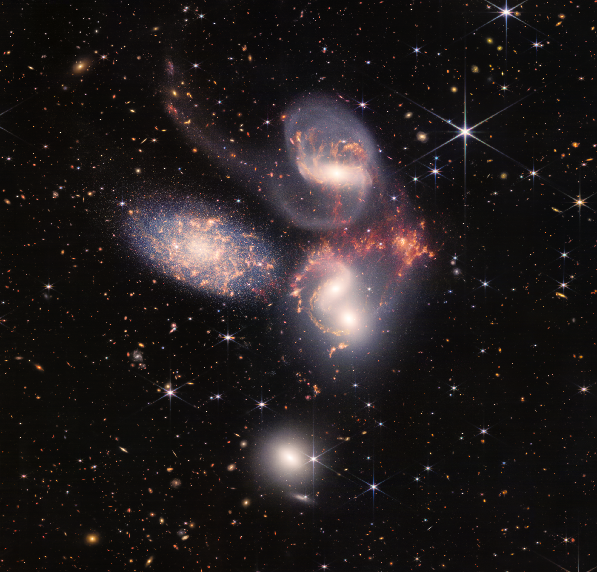 Stephans Quintet JWST Space Galaxy Cluster HCG 92 NASA ESA Stars Infrared James Webb Space Telescope 2000x1917