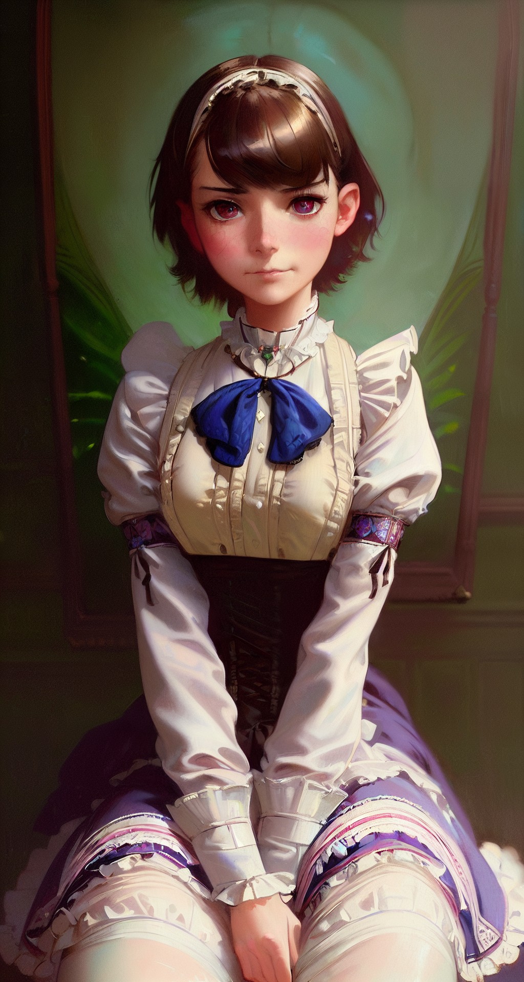 Ai Generated Women Frills Maid Vertical Short Hair Brunette Blue Bow Maid Outfit 1024x1920